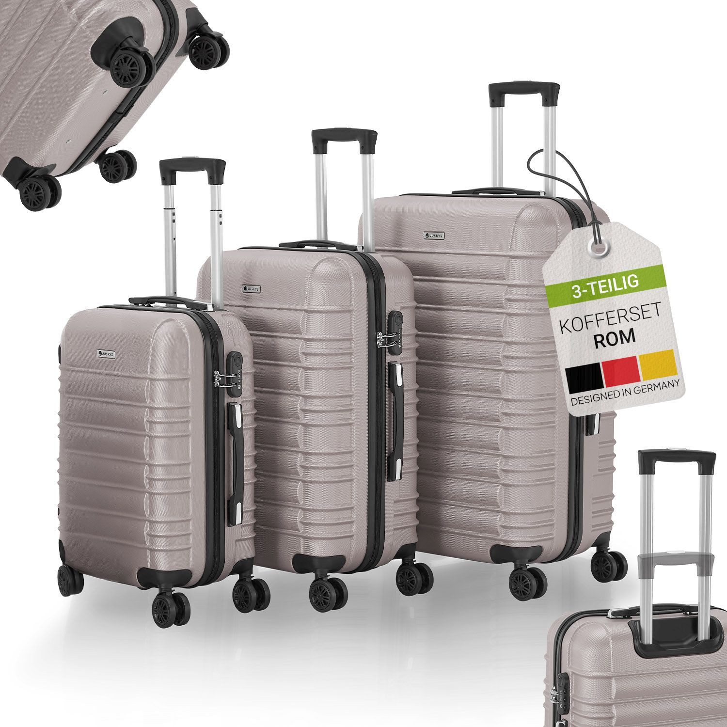 Juskys Trolleyset Rom, 4 Rollen, (3 tlg., 3-teilig), Aluminium, Rollen, Innenfutter, Ergonomische Griffe, 3er Set