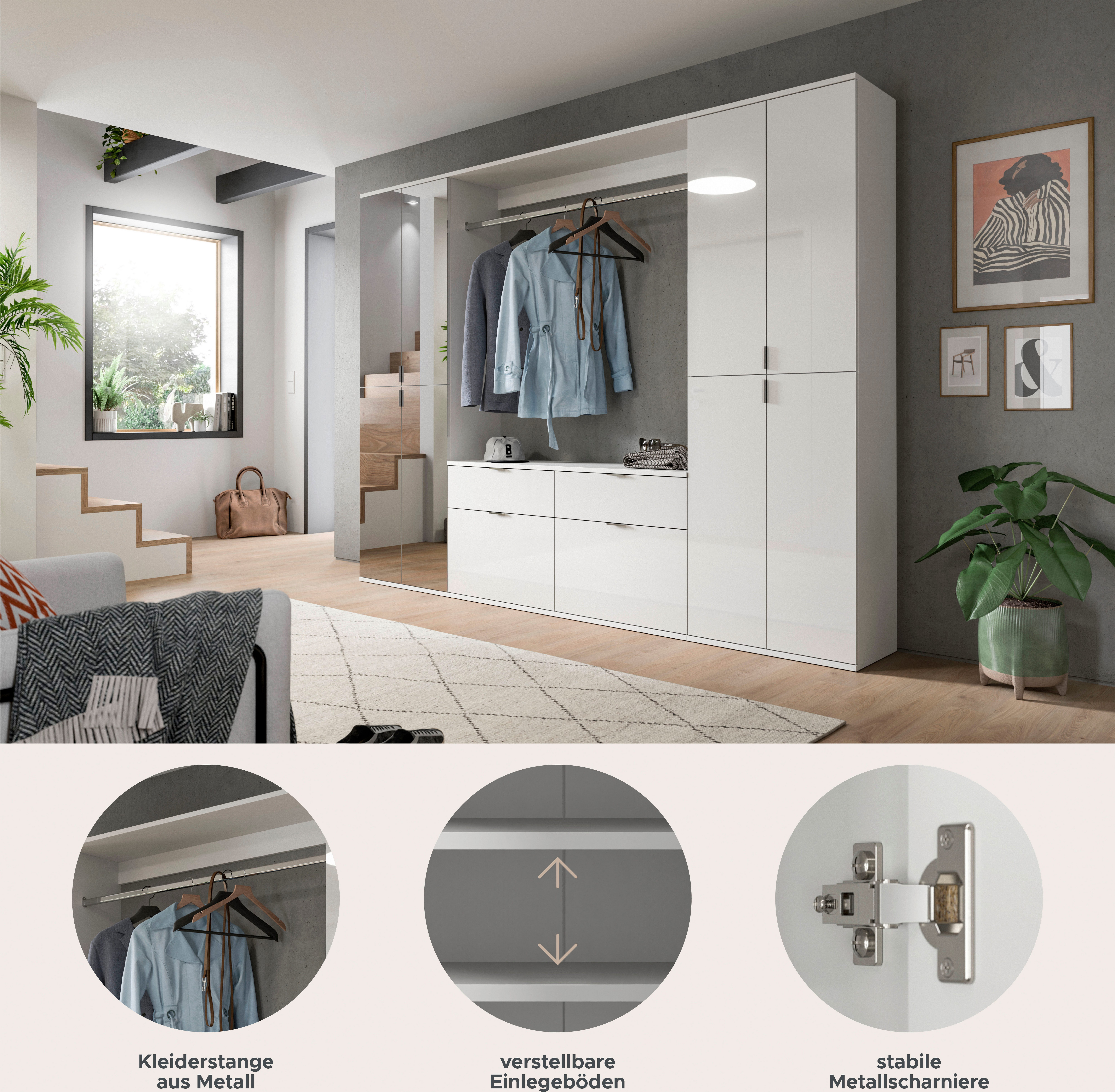 Home affaire Garderoben-Set TRONDHEIM, 5-teilig, Breite 243cm, individuell platzier- & erweiterbar, (Set, 4-St., bestehend aus: 2x Garderobenschrank breit & 3-t – Bild 4 von 5
