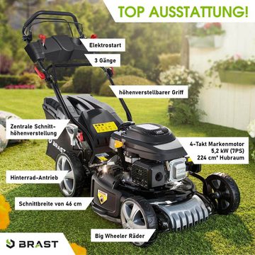 BRAST Benzinrasenmäher mit variablen Antrieb 5,2kW(7PS) Elektrostart 4 Takt OHV Motor TÜV, 46 cm Schnittbreite, 30-80mm Schnitthöhe, 60L Fangkorb, Stahlgehäuse 18224, ESTART SPEED