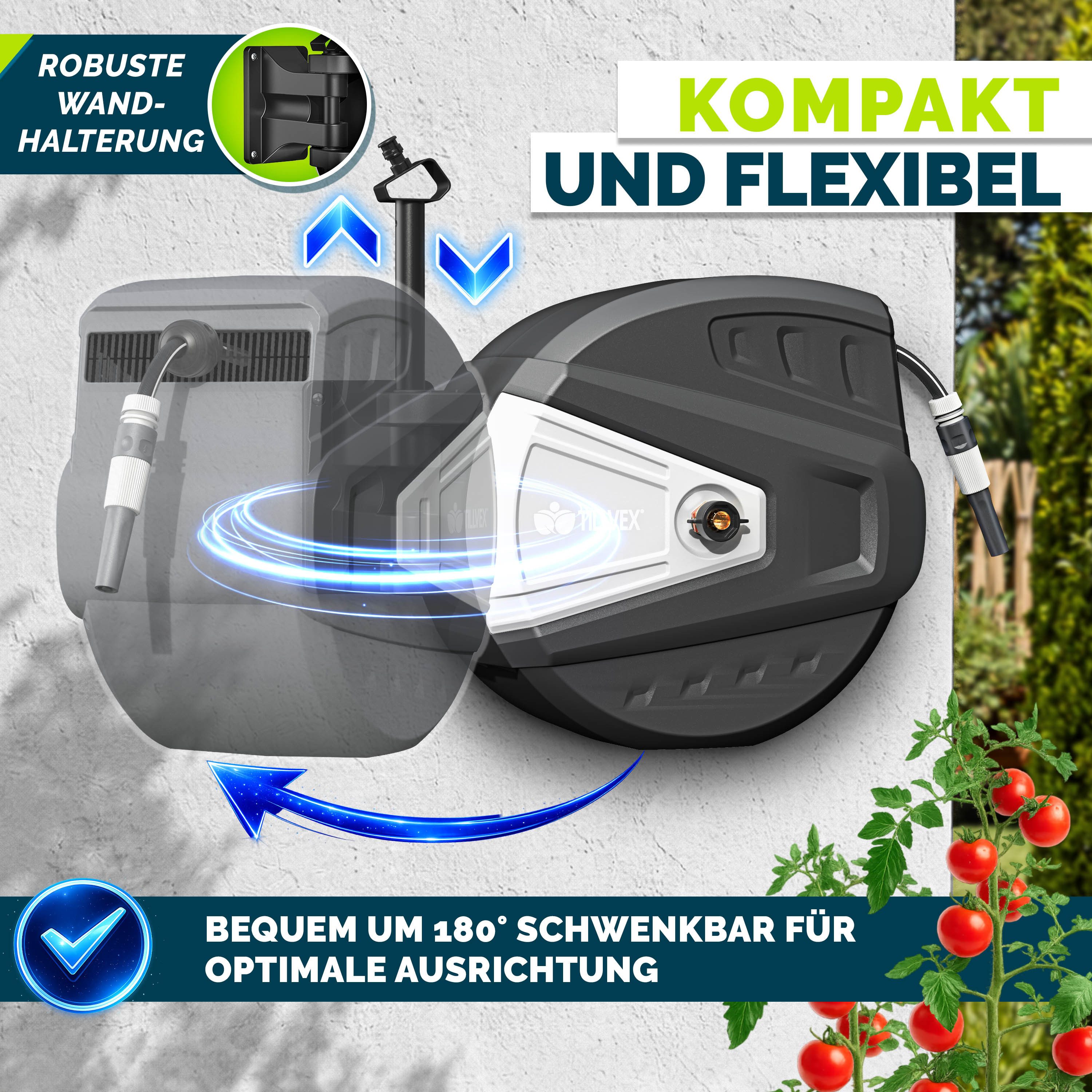 tillvex Schlauchtrommel Wasser mit Wandhalterung + Tragegriff, (Schlauchaufroller mit Handbrause und Gartenschlauch), 180° Schwenkbar Wand-Schlauchbox mit Aufroll-Automatik