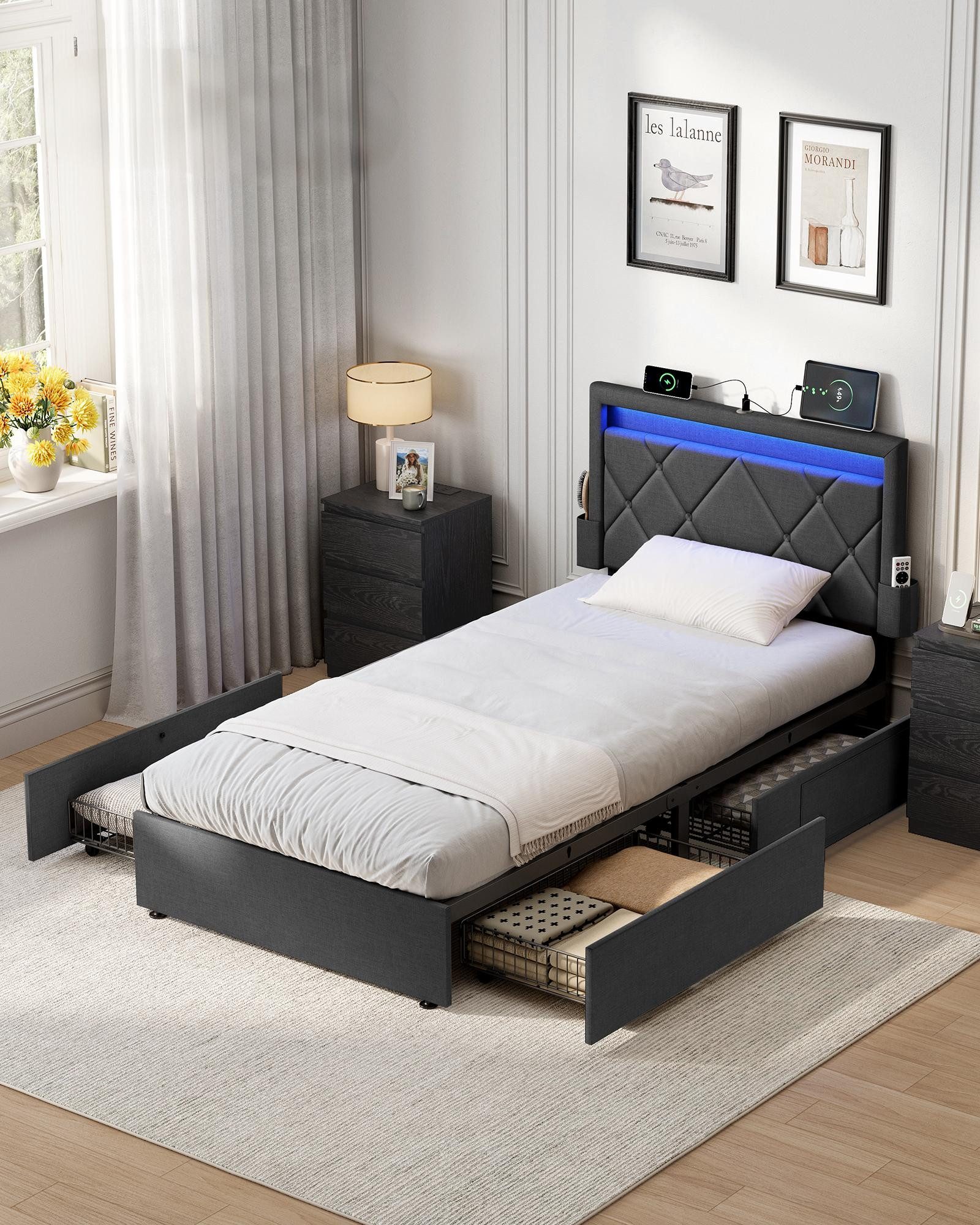 VASAGLE Polsterbett (90 x 200 cm, 4 Schubladen, verstellbares gepolstertes günstig online kaufen