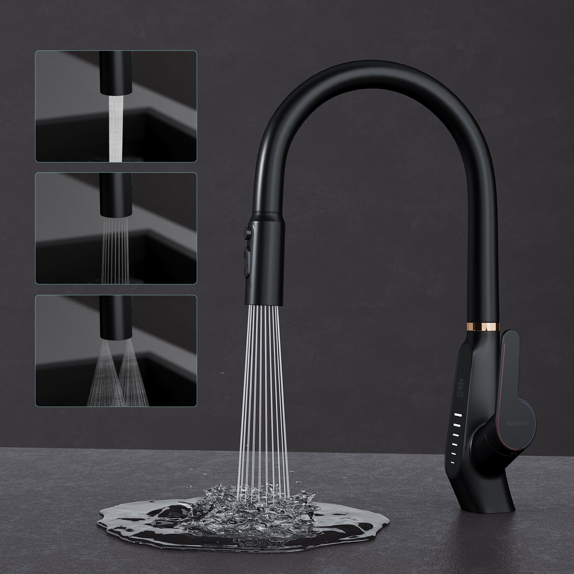 Mai & Mai Küchenarmatur Spültischarmatur 360° schwenkbar mit LED-Digitalanzeige MS-8085 DIN-Anschlüsse, Verdeckter Sprühkopf, Wassersparender Waben-Perlator
