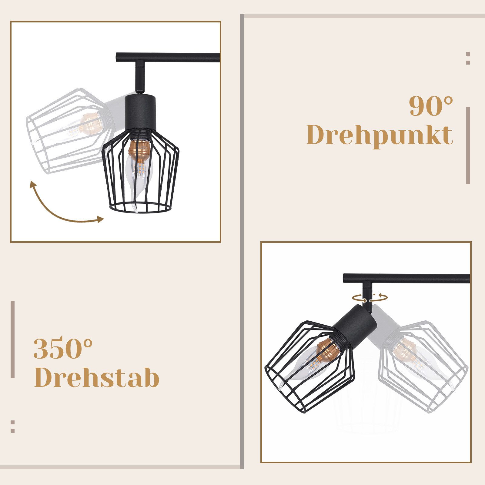 ZMH Deckenleuchte Wohnzimmer Schwarz/ Weiß 4 Flammig Deckenstrahler Drehbar 350° Flur, Metall Retro Deckenstrahler 90° Drehpunkt, ohne Leuchtmittel, IP20 Staubg – Bild 3 von 5