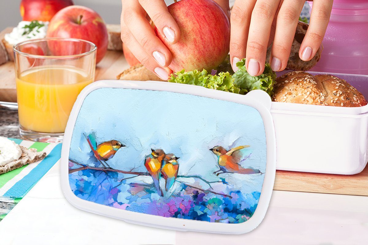 MuchoWow Lunchbox Gemälde - Brotdose, (2-tlg), Mädchen Ölfarbe weiß Erwachsene, Zweig, und Kunststoff, Brotbox - Vogel Kinder Jungs für und für 