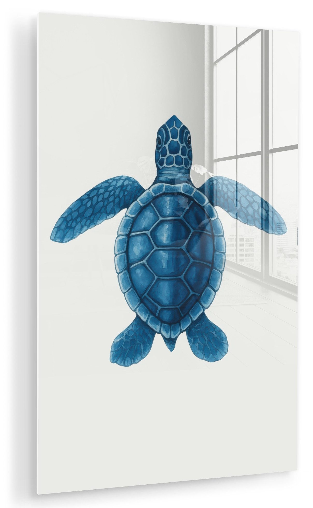 MuchoWow Acrylglasbild Schildkröte - Blau - Schild, Inkl. Aufhängung, Dekoration Wohnzimmer auf Glas, Wand Bilder Deko XXL, 80x120 cm