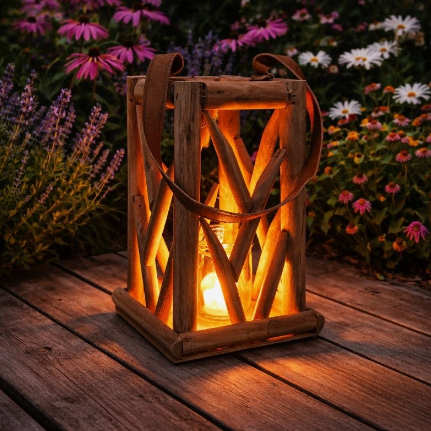 Online-Fuchs Windlicht Laterne aus Holz mit Kerzenglas und Trageriemen - Outdoor (28 cm groß, für kleine Kerzen oder Teelichter), Dekoration für Garten, Terrasse und Balkon