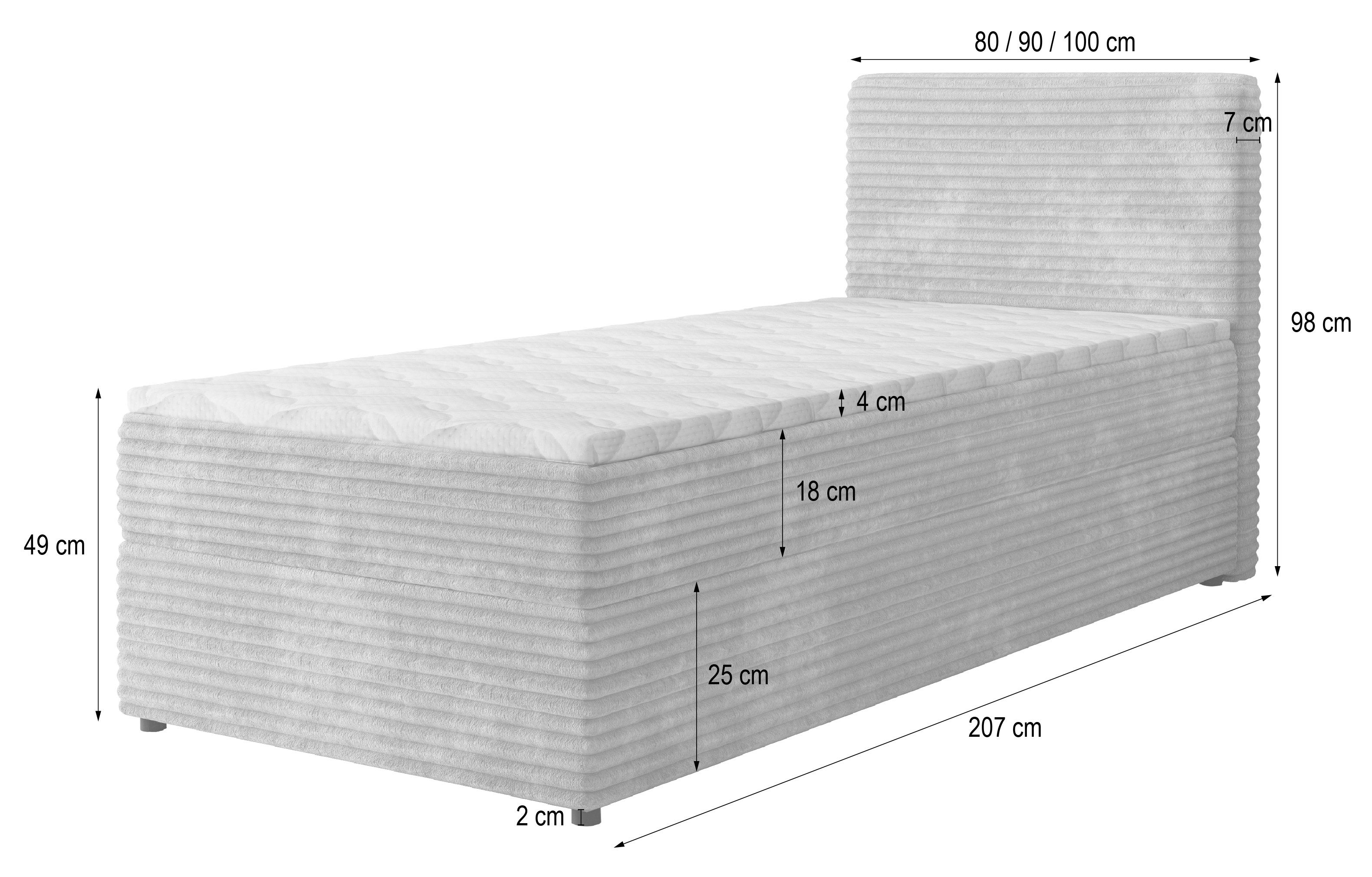 Masseno Boxbett PISA 100x200 cm mit Bonell Matratze und Topper, Einzelbett, Jugendbett, Polsterbett mit Kopfteil, Boxspringbett – Bild 5 von 5