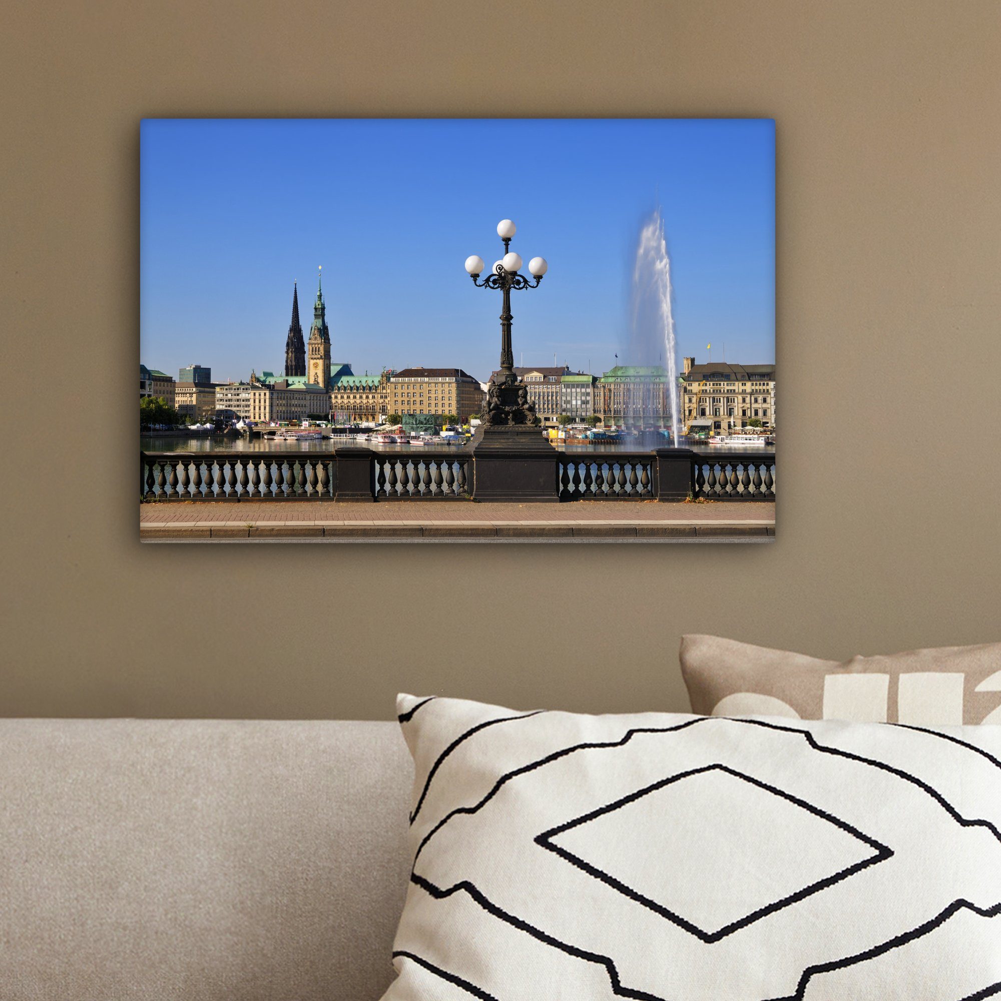 OneMillionCanvasses® Hamburg (1 Aufhängefertig, Wanddeko, Leinwandbilder, Rathaus - Leinwandbild St), Springbrunnen, cm Wandbild 30x20 -