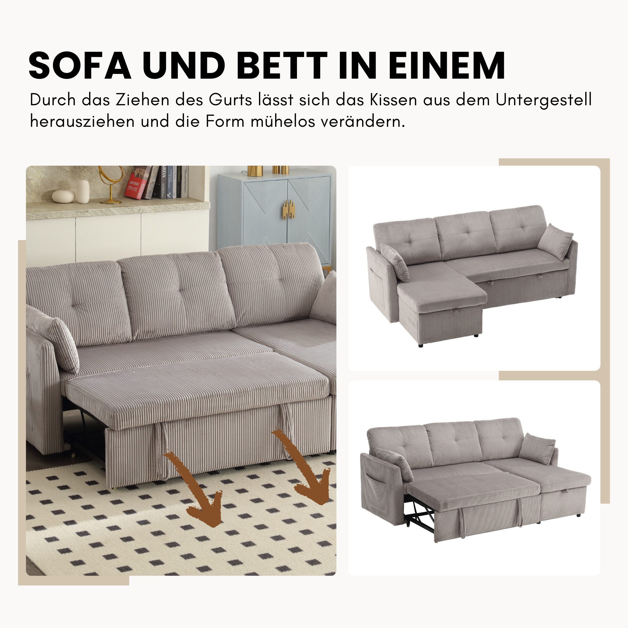 SeedWave Schlafsofa Samt Schlafsofa für 3 Personen, Sofa und Bett in Einem, Umsetzbarer Chaise Longue mit Stauraum, Kissen, Seitentasche