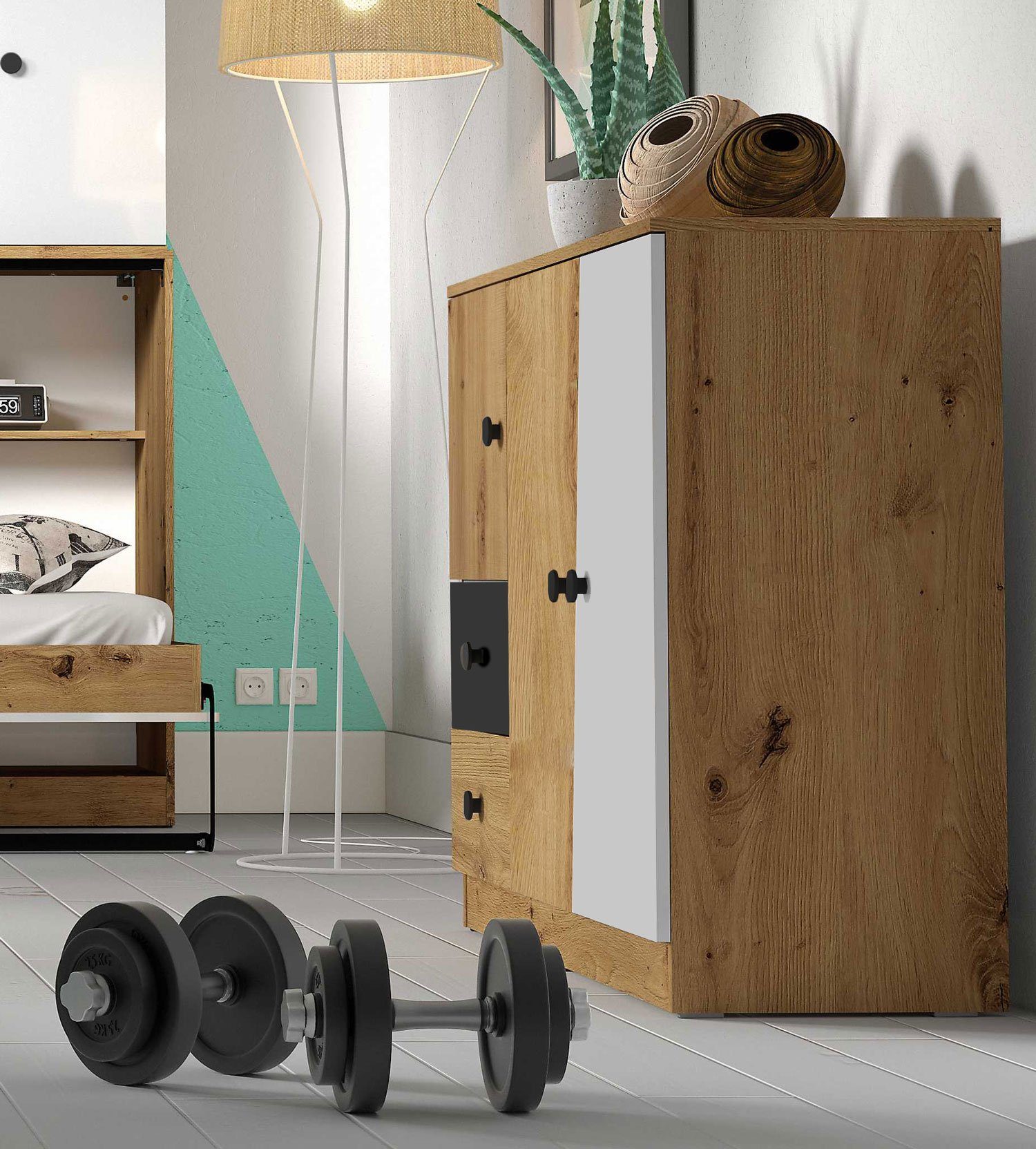 Feldmann-Wohnen Kommode Nero (rechts 2 Türen, innen 1 Einlegeboden, 1 St., oben links 1 Tür, innen 1 Fach, links 2 Schubladen), 120x40x90cm Weiß-Schwarz-Matt / Griffe Schwarz