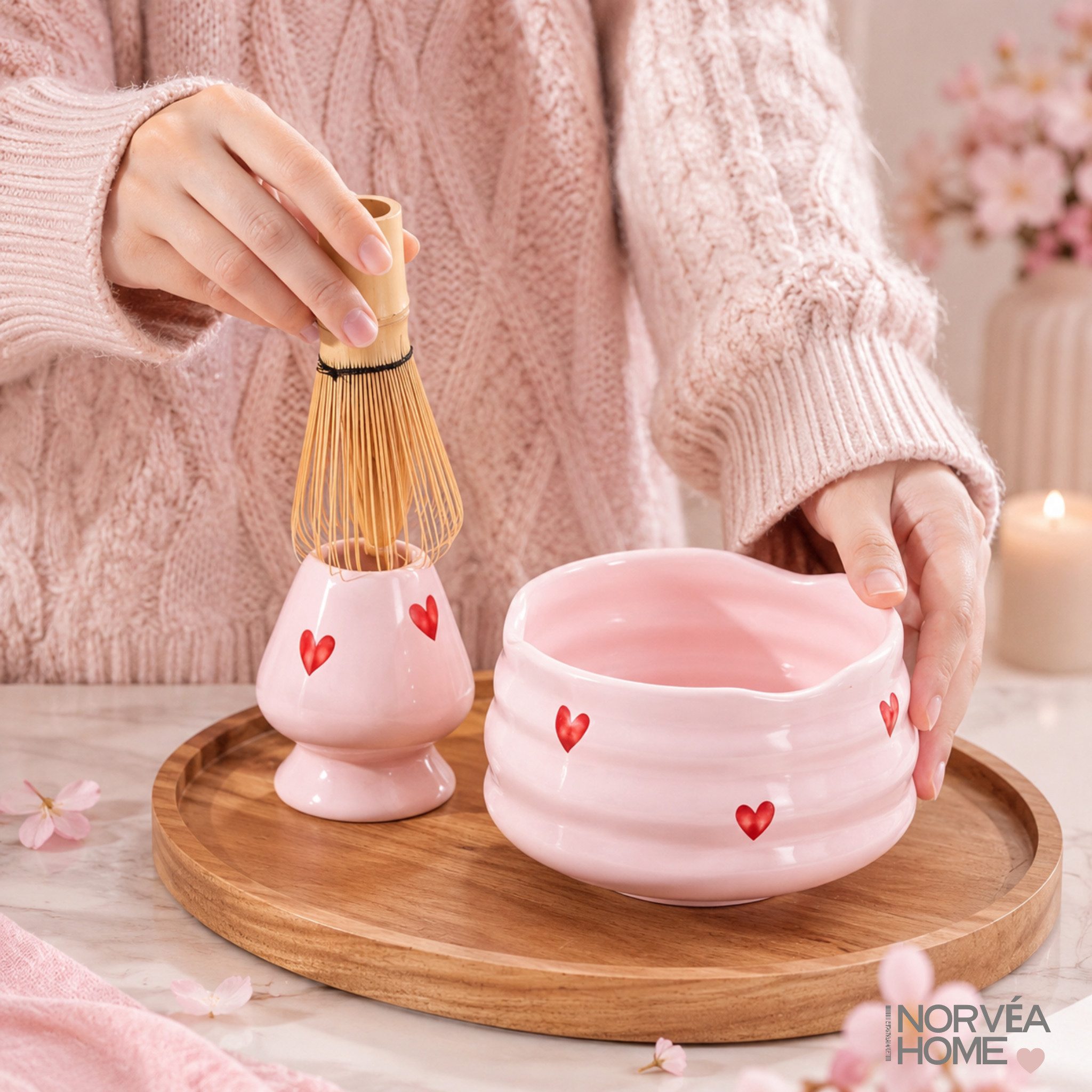 Norvéa Home Teeservice Matcha Set Rosa Herzdekor – 6-tlg. Matcha-Zubehör aus Keramik, 6 tlg. Set für traditionelle Matcha-Zubereitung