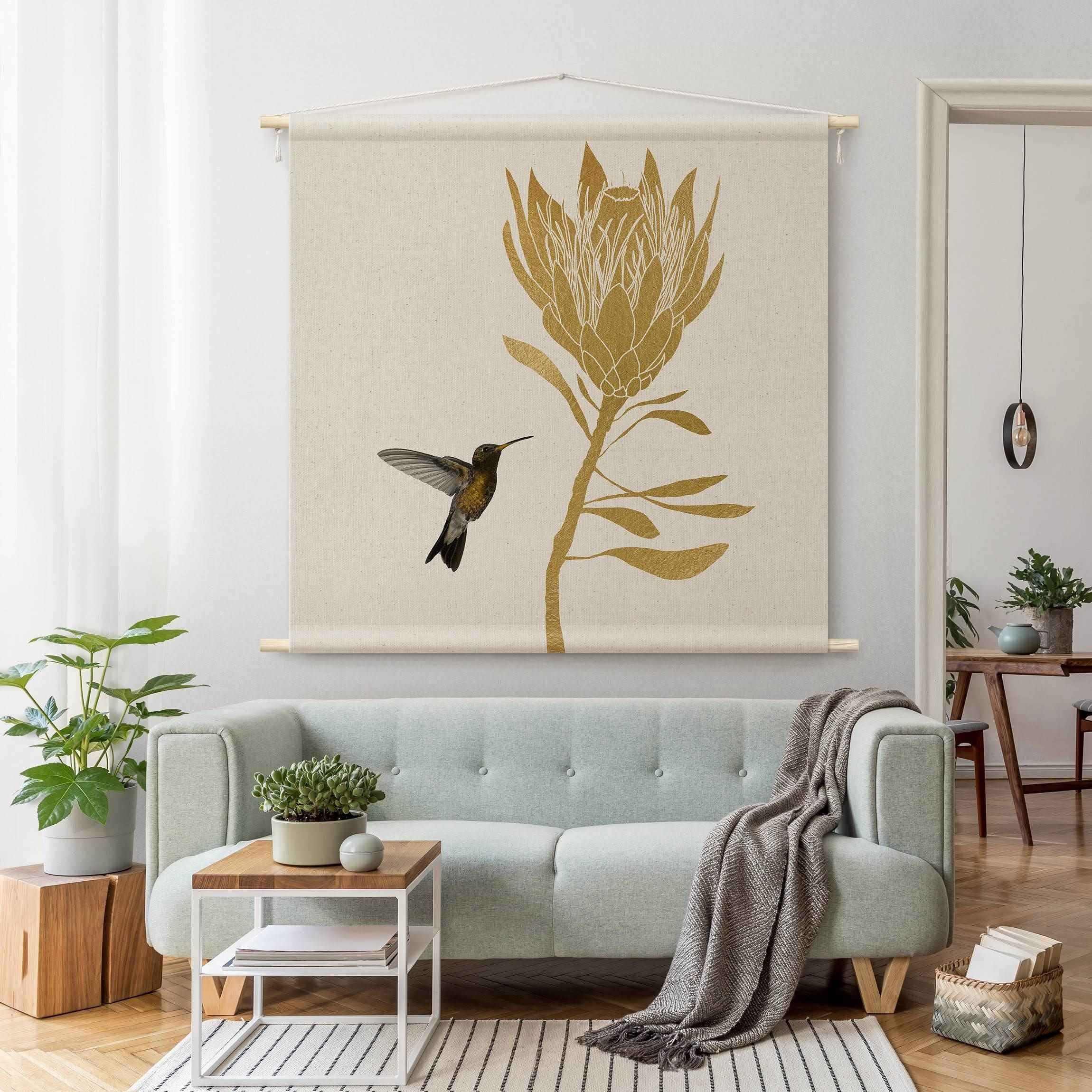 Bilderdepot24 Wandteppich modern Tropisch Tiere Vögel gold, quadratisch, Höhe: 2.6 mm, großes Wandbild aus Natur-Baumwolle Wandbehang Stoffbild Tuch Wollseil