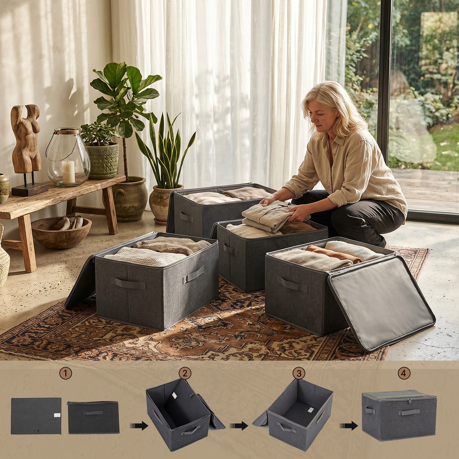 Sekey Aufbewahrungsbox Aufbewahrungsboxen mit Deckel 45L Stapelbar Faltbare Ordnungsboxen (3 St), 3er Set, Organizer Kleidung Vliesstoff Boxen für Schrank Regal – Bild 5 von 5