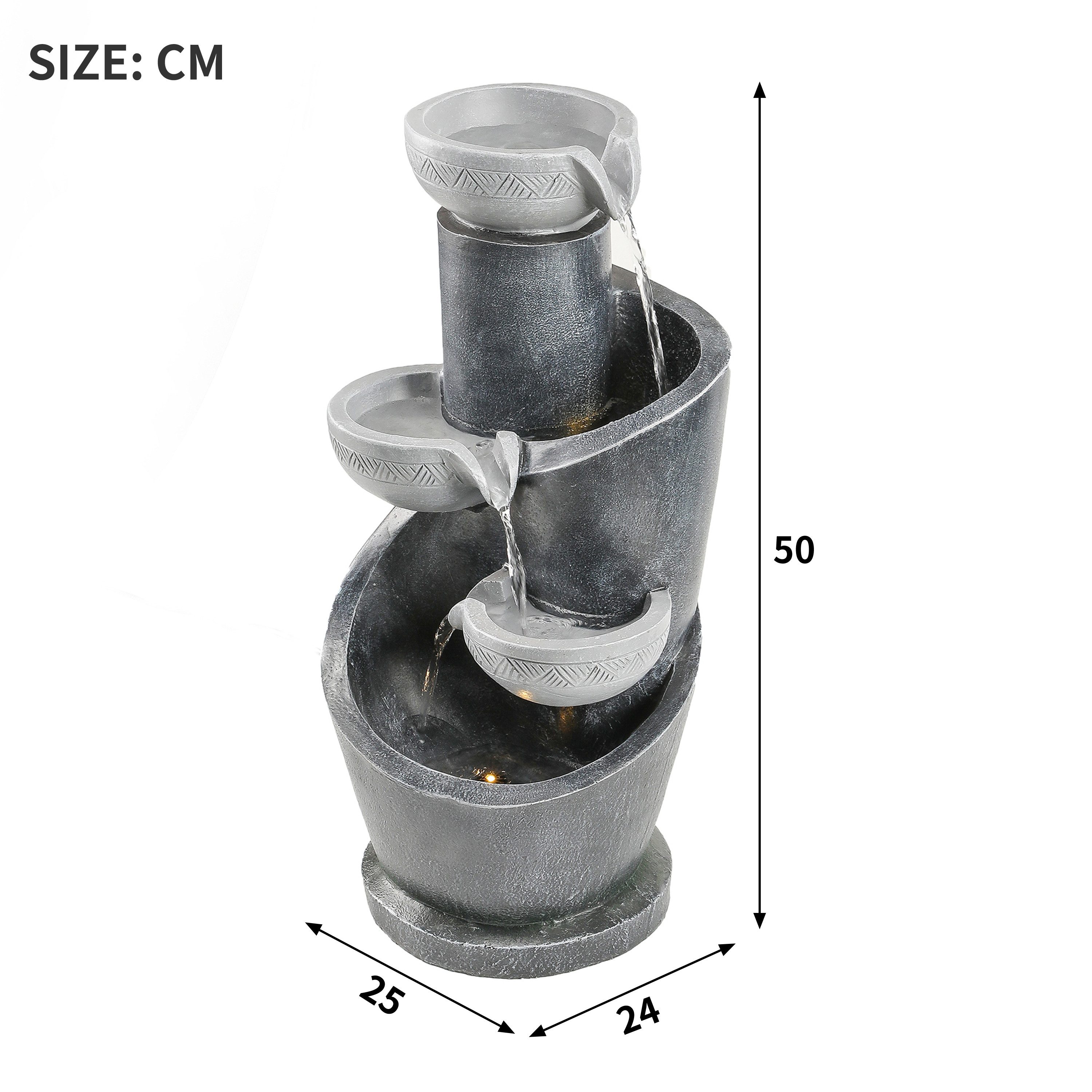 KLAM HOME Gartenbrunnen Gartenbrunnen Grau mit LED & Wasserpumpe, (Dekoratives Wasserspiel mit Kunststein-Optik), Für Garten, Terrasse, Balkon & Innenbereich