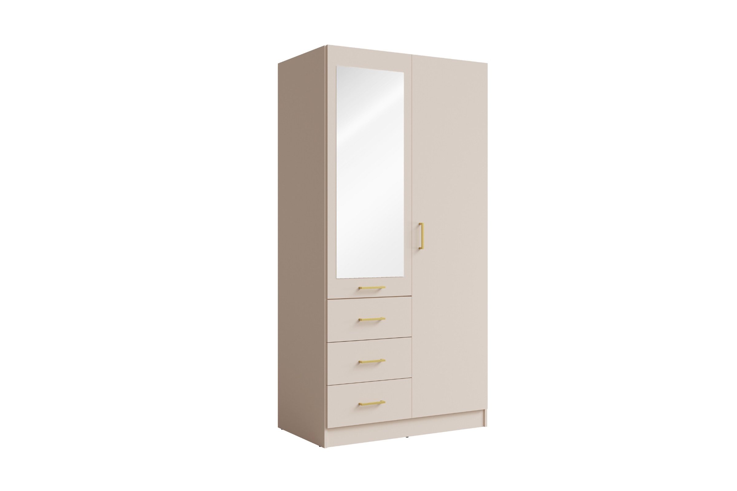 Deine Möbel 24 Kleiderschrank BROOKE 100 / 150 / 200 / 250 cm breit, Farben: Weiß Matt & Beige (Weiß matt oder Sandbeige, 1-St., ideal für jedes Schlafzimmer, Ankleidezimmer oder Flur) Drehtürenschrank mit Spiegel, modern, viel Stauraum