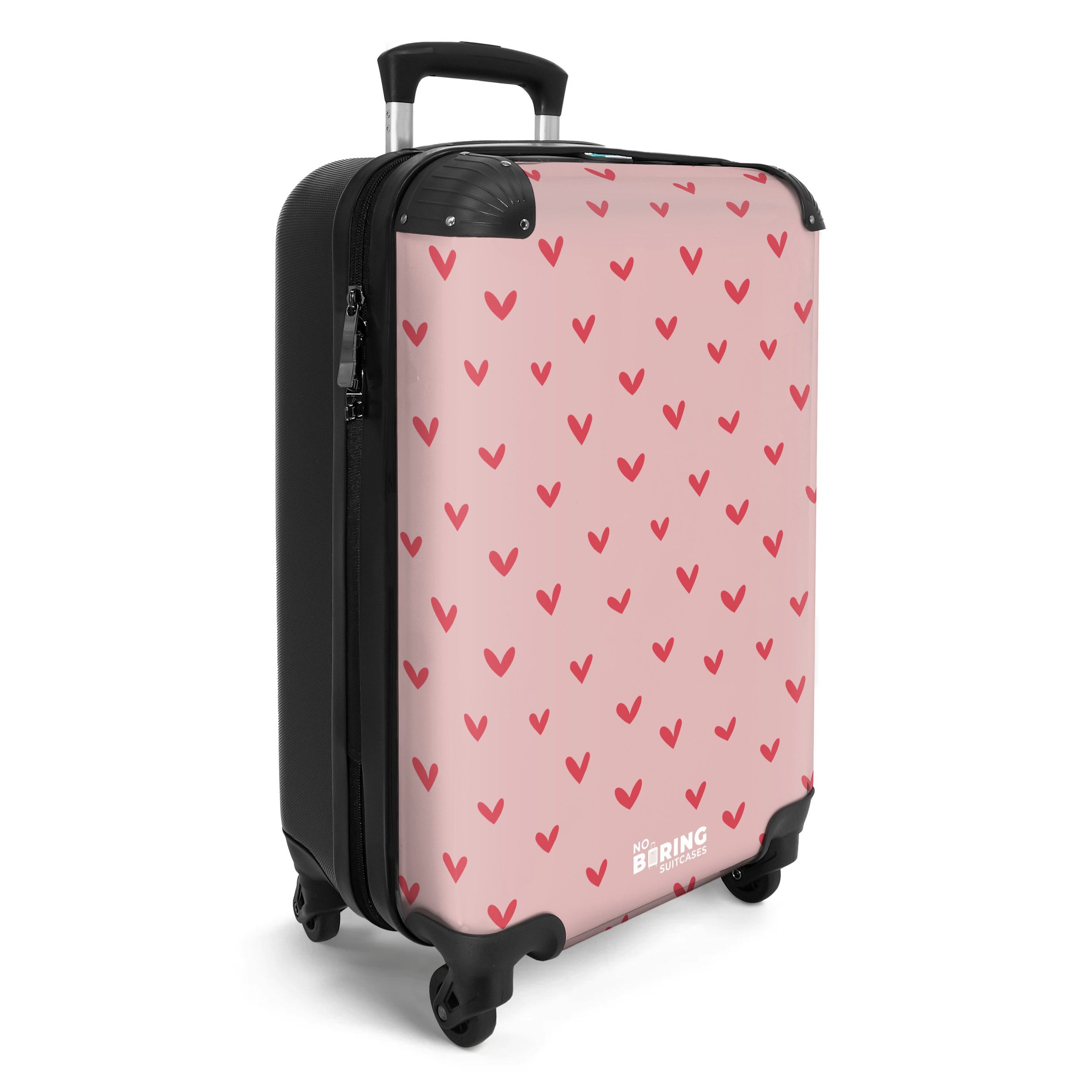 NoBoringSuitcases.com© Kinderkoffer Herzmuster mit rosa Farben 55x35x20cm, 4 Rollen, Handgepäck-Koffer, Kinderkoffer, Reisekoffer Mädchen