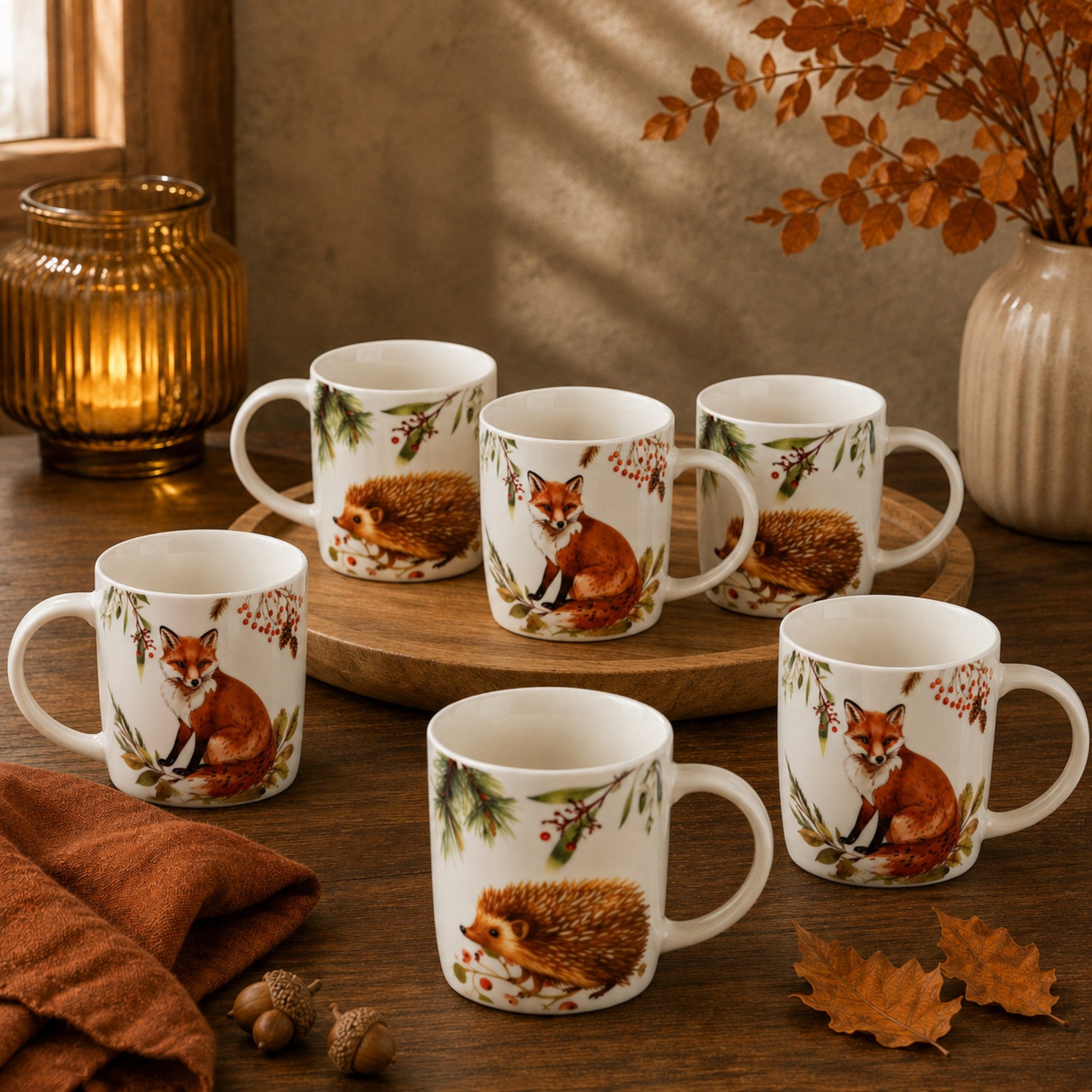 matches21 HOME & HOBBY Tasse Herbst Tassen 6er Set Fuchs & Igel, 350 ml Kaffeetasse aus Porzellan, 6-tlg., Porzellan, Spülmaschinenfeste & Mikrowellengeeignete Teetasse