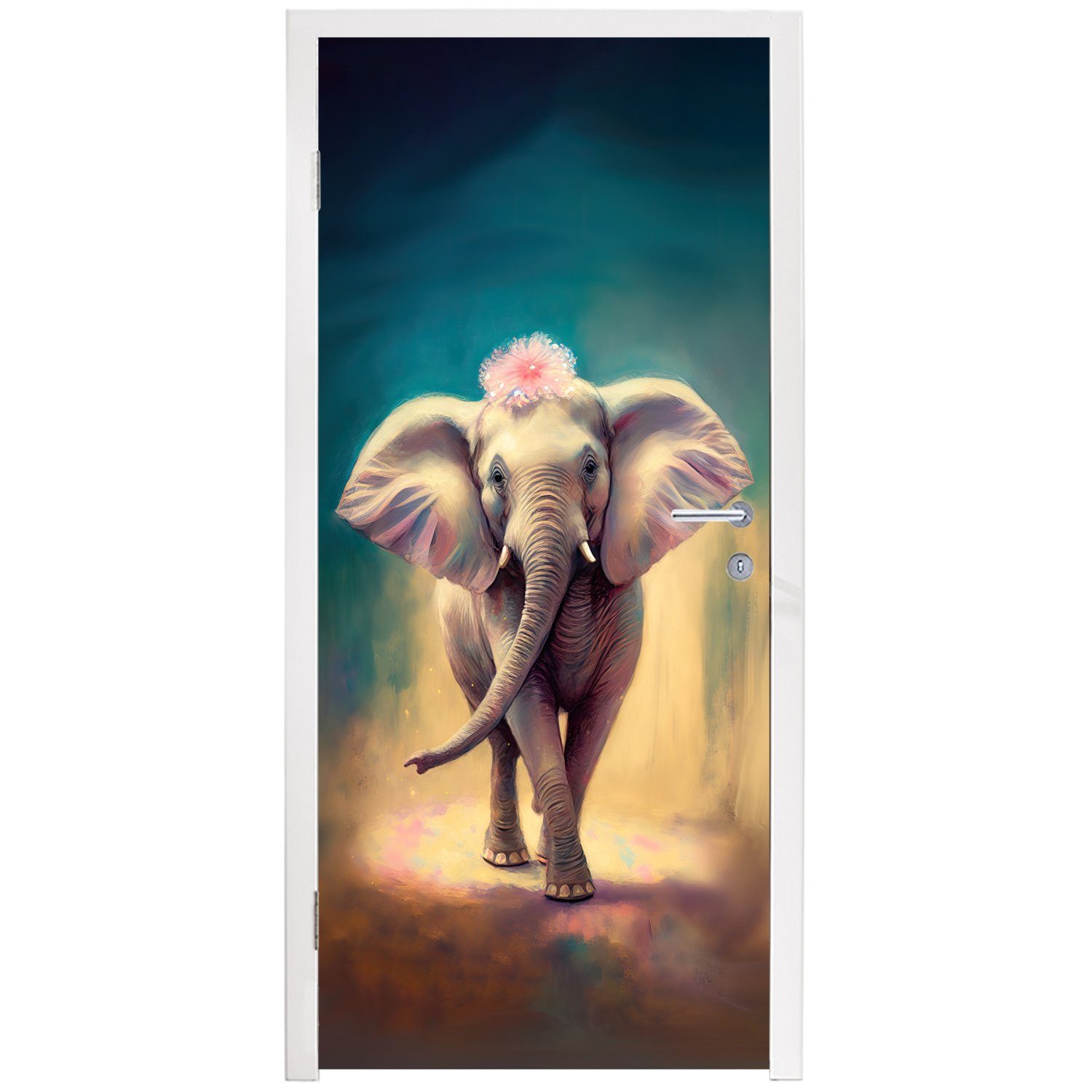 75x205 Tür, Türtapete bedruckt, (1 - Tiere cm MuchoWow Elefant - Fototapete für Blumen - Porträt Türaufkleber, Malen - St), Kinder, - Matt,