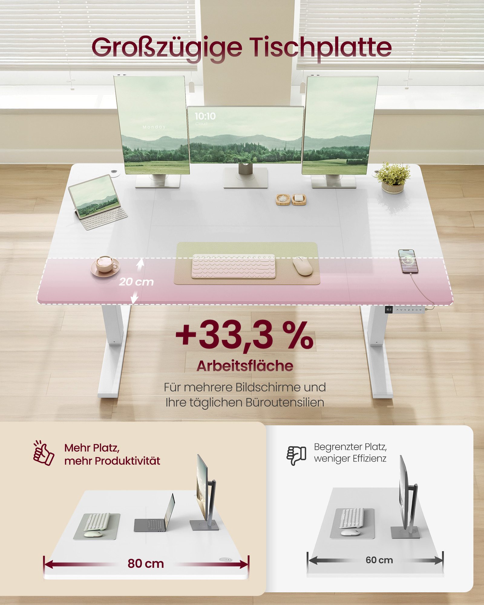 VASAGLE Schreibtisch Höhenverstellbarer, USB-C-Anschluss, Erinnerung bei langem Sitzen, Ablage für Steckdosenleiste, 3 Speichertasten, 140/160/180cm