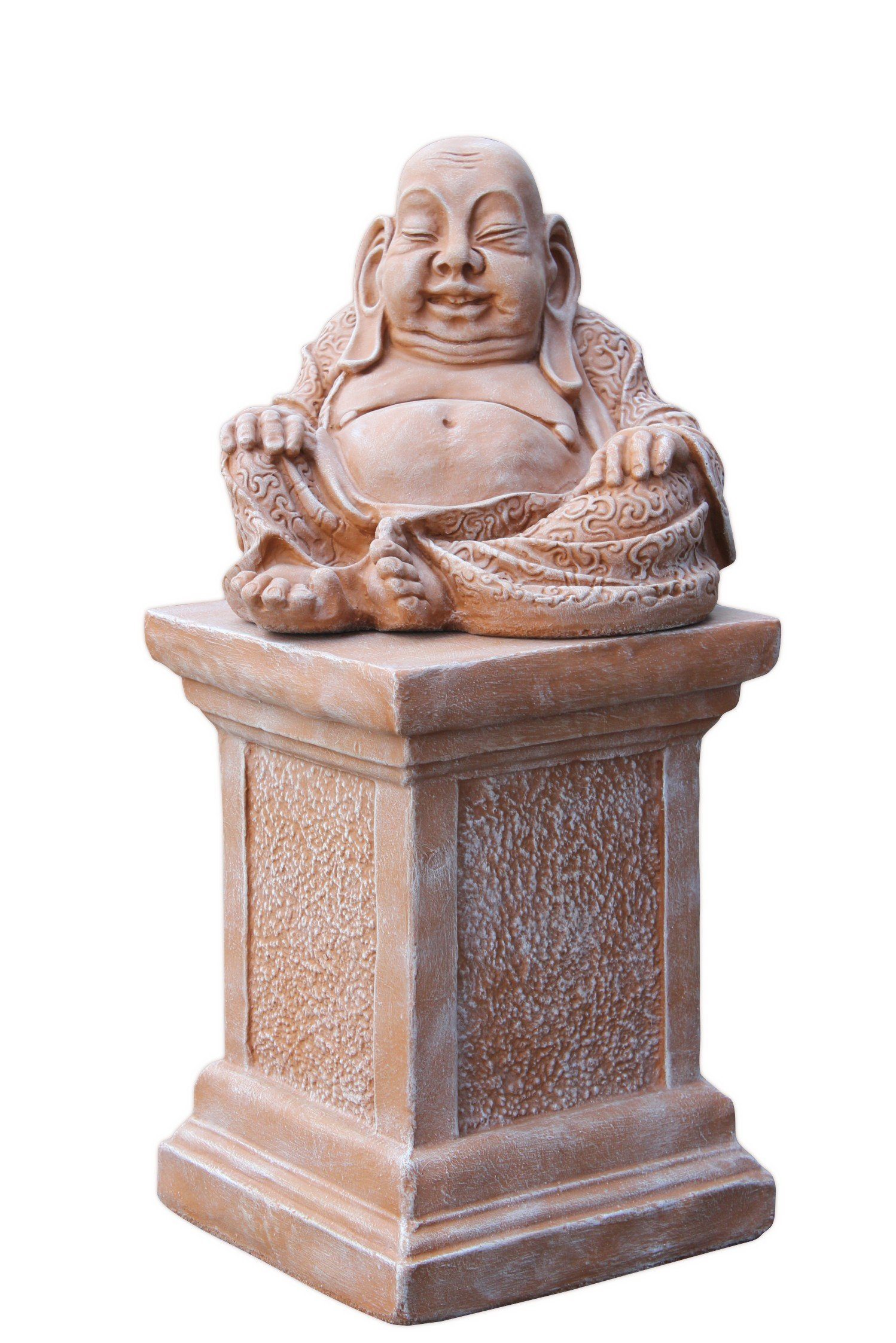 Tiefes Kunsthandwerk Buddhafigur Buddha Figur mit Steinsäule - Steinfigur für Garten und Haus, frostsicher, winterfest, Made in Germany terrakotta