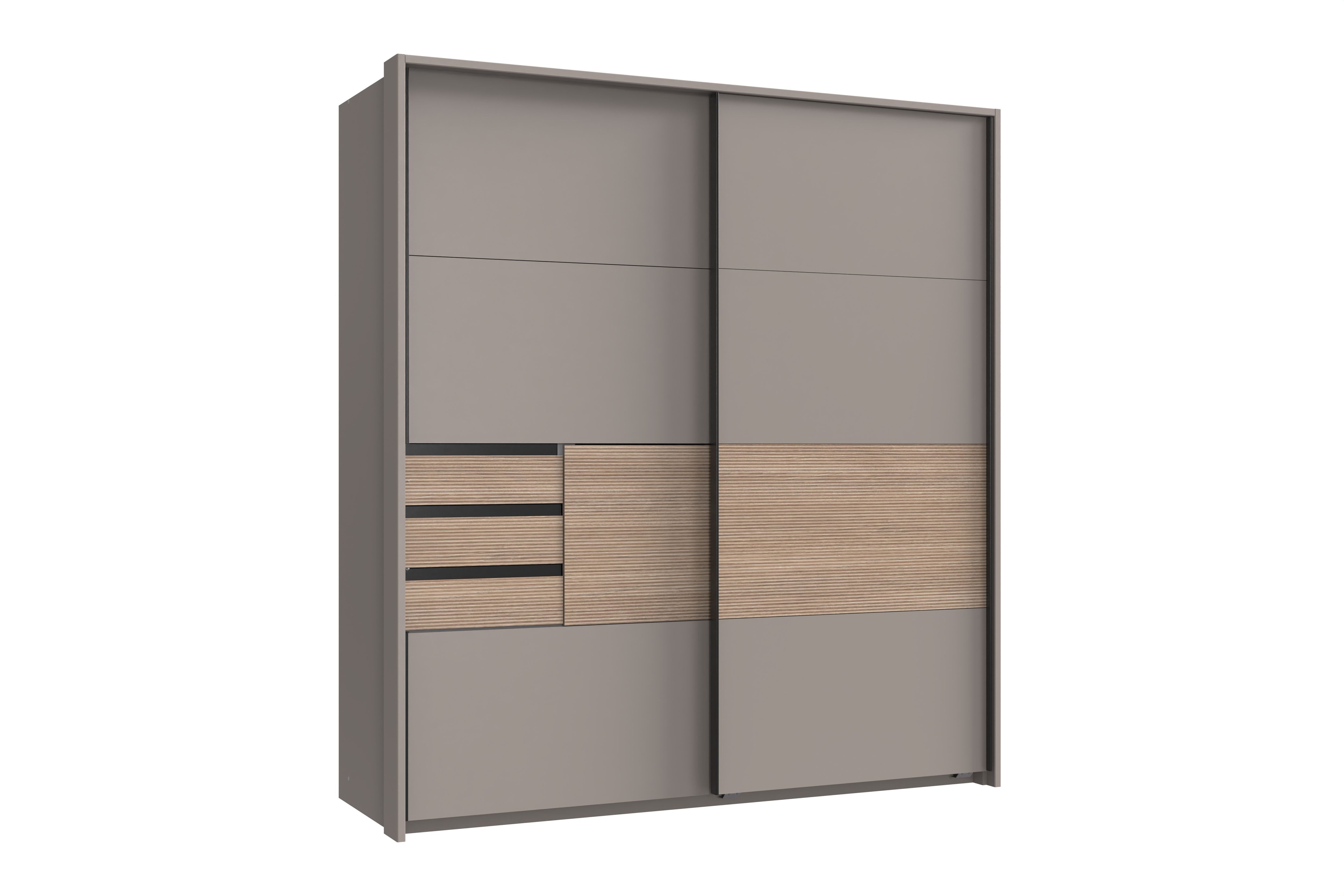 möbel-direkt.de Schwebetürenschrank Bremen in Saharagrau mit Absetzungen in Multiplex (komplett, 1-St., Kleiderschrank) Made in Germany, Absetzungen in Multiplex, wahlweise mit Spiegel