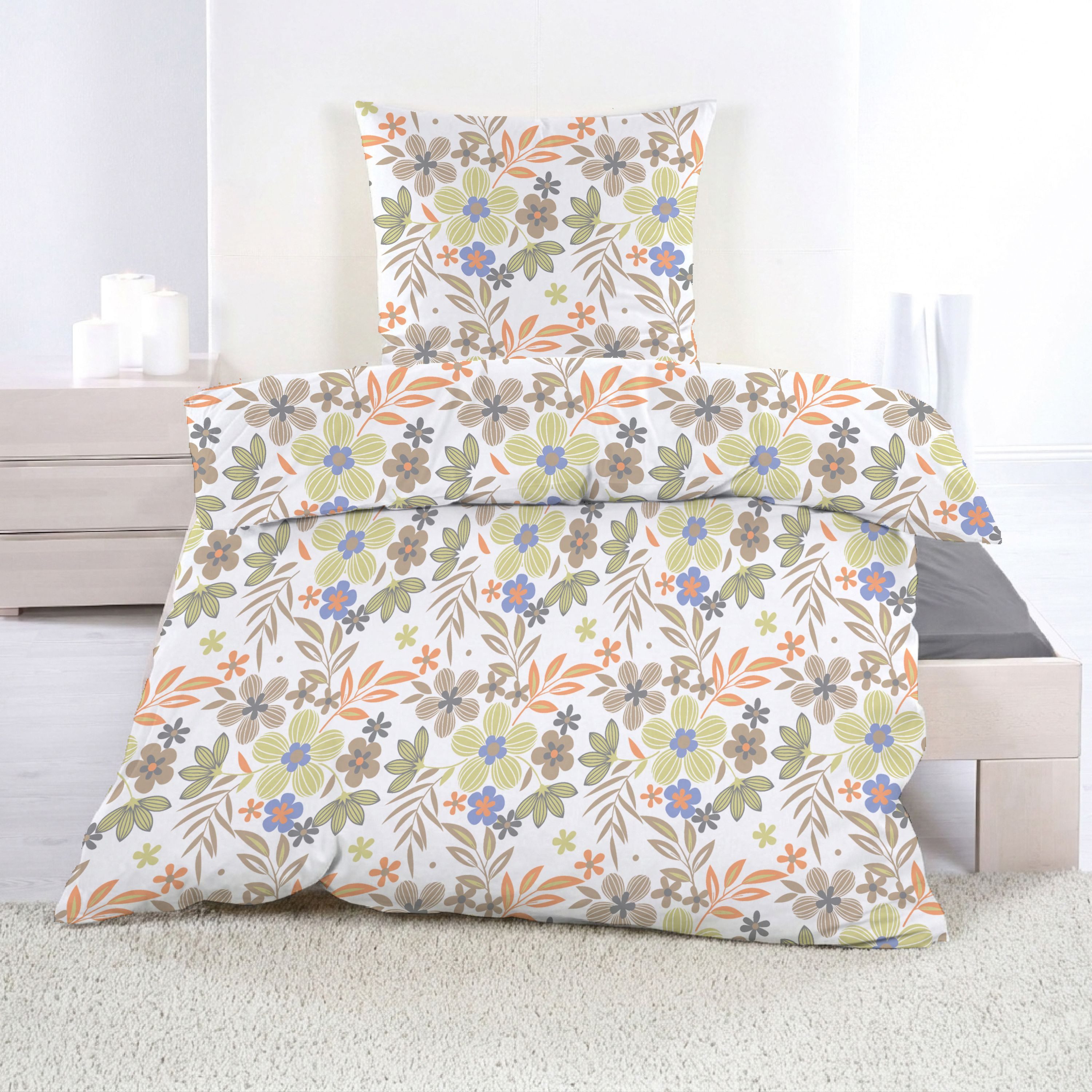 Casa Colori Bettwäsche Polycotton Bettwäsche 135x200 cm, Polycotton, 2 teilig, Weiß Gelb Braun Blumen