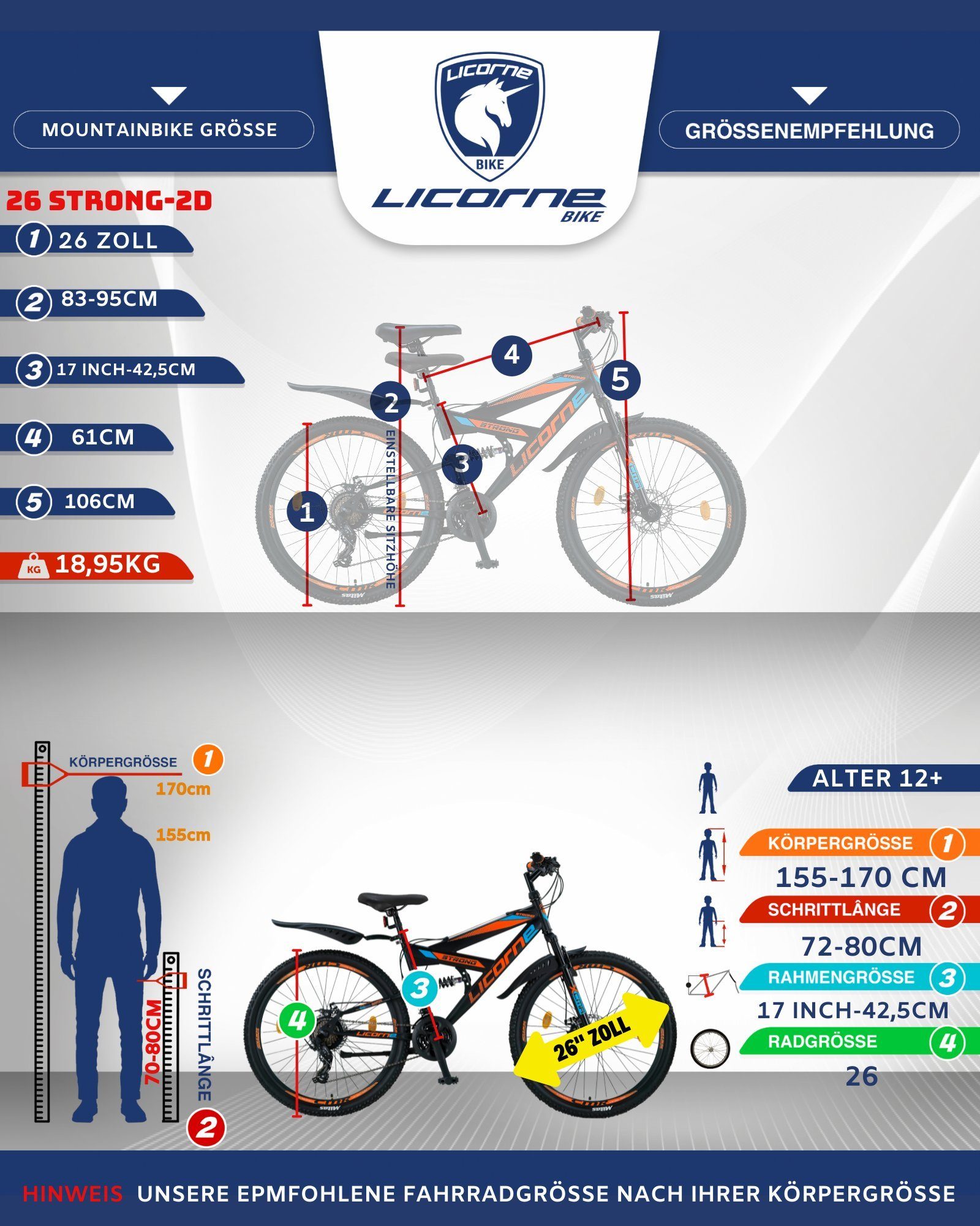 Bike 29 Mountainbike Strong Mountainbike in 27,5 Schwarz/Blau/Orange Bike Licorne und 2D 26, Licorne Zoll Premium