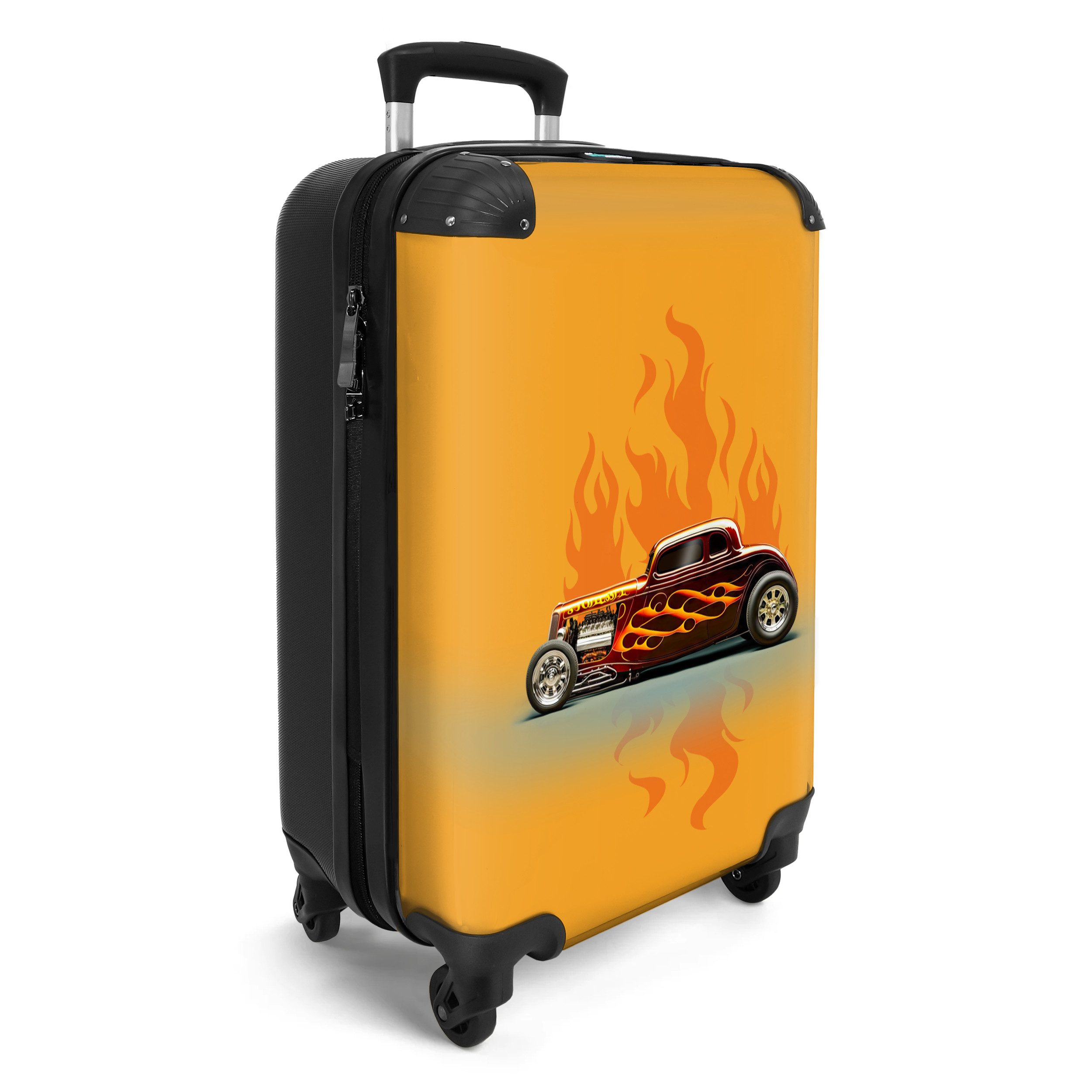 NoBoringSuitcases.com© Kinderkoffer Auto - Flammen - Rot - Vintage 55x35x20cm, 4 Rollen, Handgepäck Koffer, Hartschalenkoffer Kinder, Reisekoffer Jungen