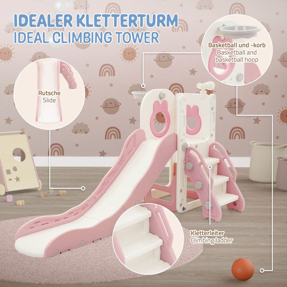 Joyz Rutsche Kinderrutsche 3in1 Spielturm Set mit Rutsche Basketballkorb und Treppe, Spielgerüst für Kinder Kleinkinder ab 3 Jahren Rosa Indoor / Outdoor – Bild 5 von 5