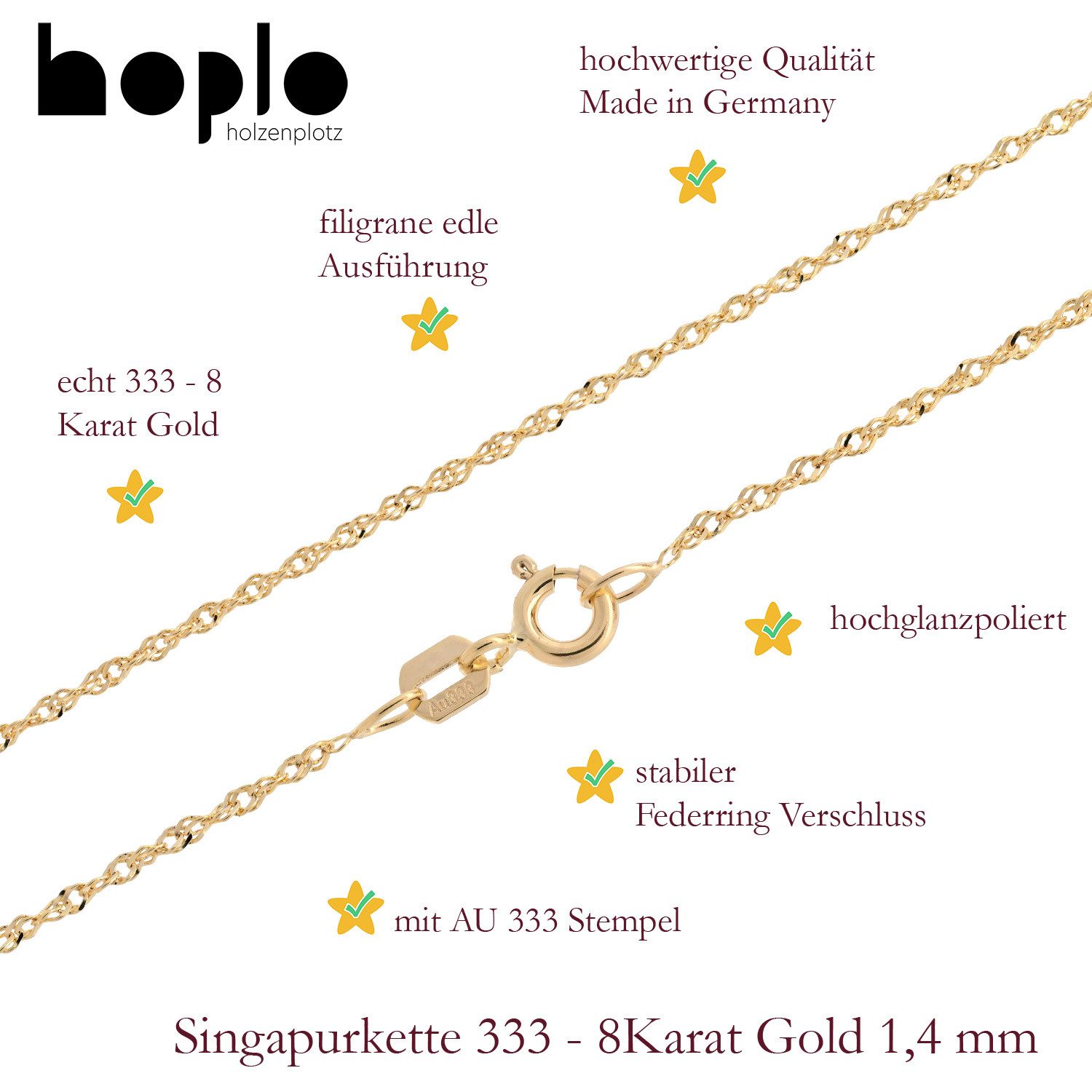 HOPLO Goldkette Goldkette Singapurkette Halskette Breite 1,4 mm 36 cm 333-8 Karat Gold, Made in Germany – Bild 4 von 5