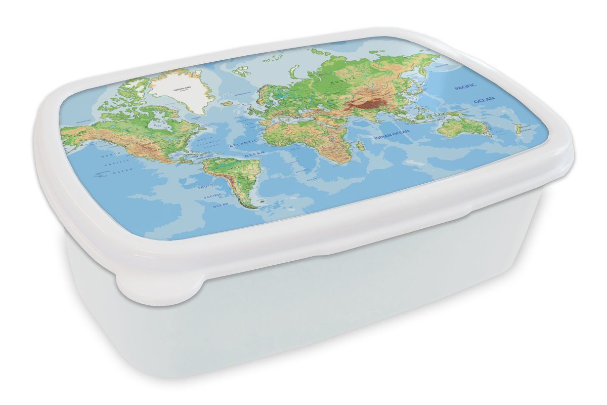 MuchoWow Lunchbox Weltkarte - Topographie - Atlas - Kinder - Junge - Mädchen, Kunststoff, (2-tlg), Brotbox für Kinder und Erwachsene, Brotdose, für Jungs und Mädchen weiß