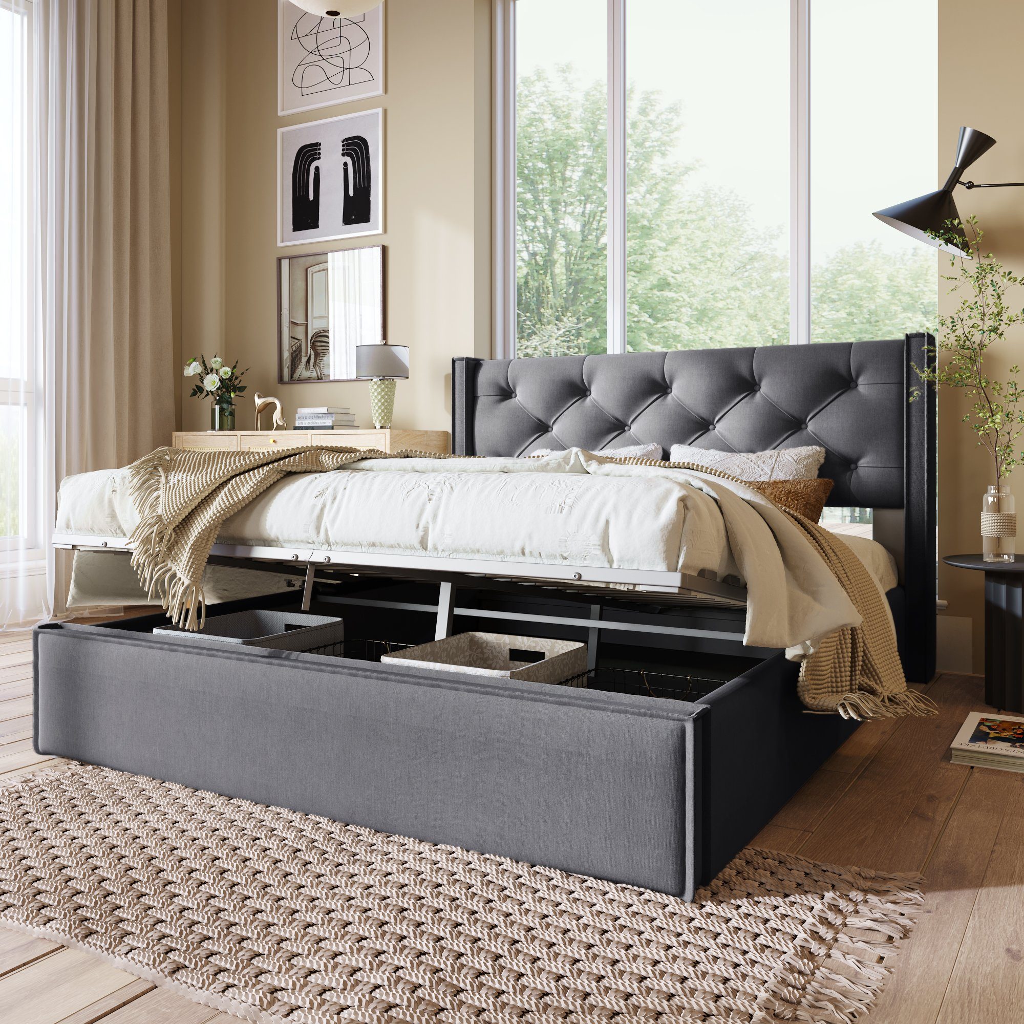 Boxspringbett (Polsterbett Doppelbett 160x200 cm mit edler Knopfheftung), Hydraulisches Funktionsbett mit Bettkasten und Lattenrost, Baumwolle