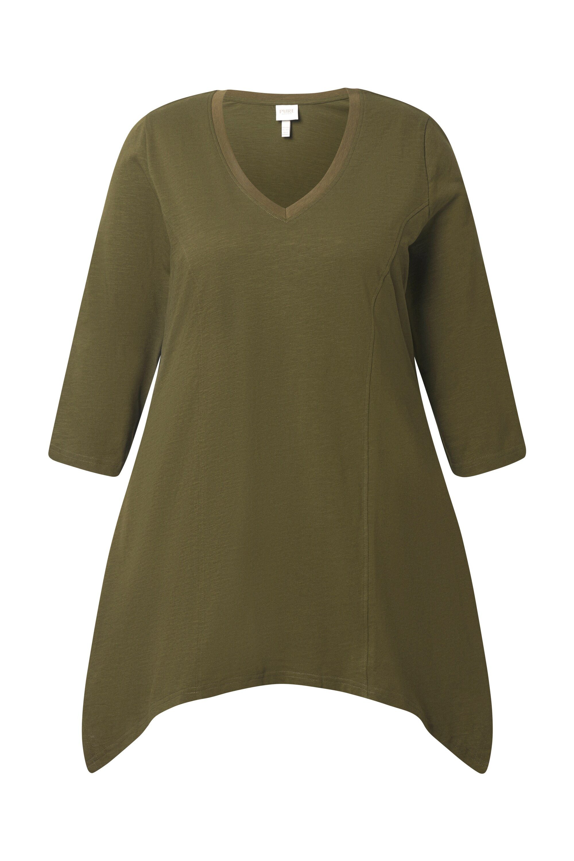 Ulla Popken T-Shirt Shirt Zipfelsaum V-Ausschnitt 3/4-Arm Biobaumwolle günstig online kaufen