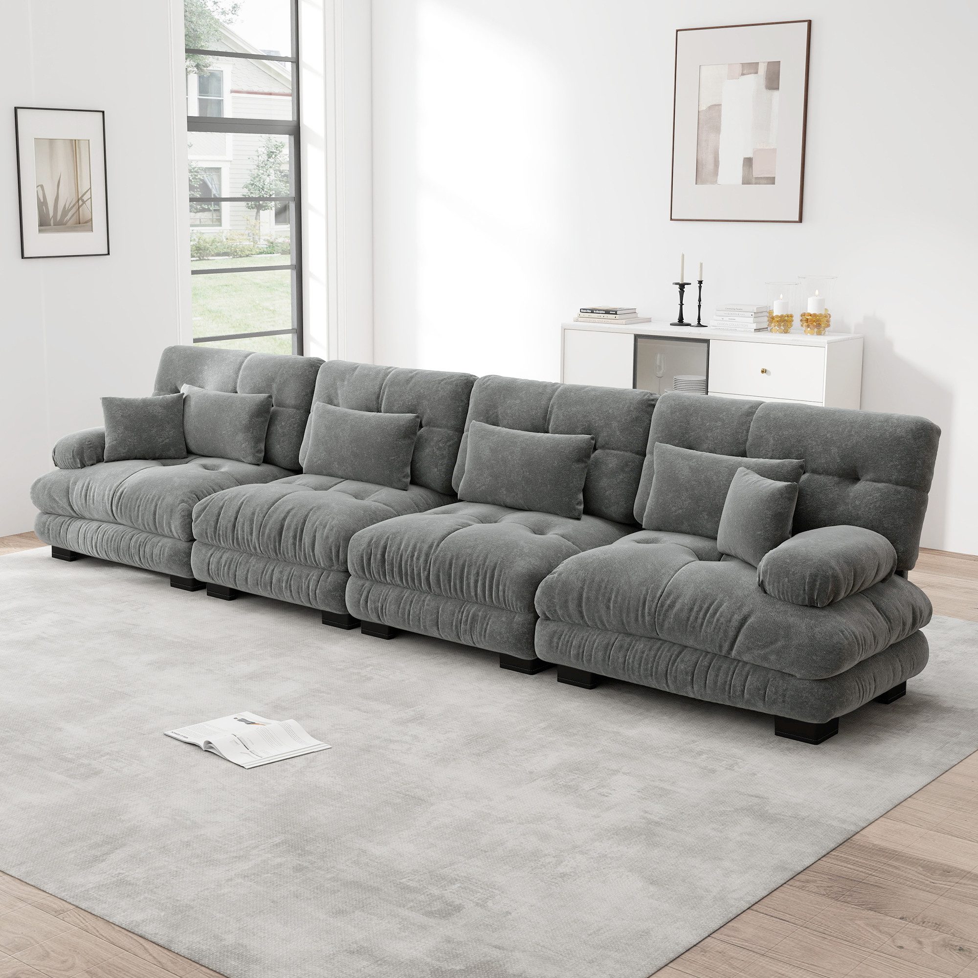 HAUSS SPOLE Schlafsofa für Wohnzimmer aus Chenille,Relaxsofa 4-Sitzer mit Kissen,Grau