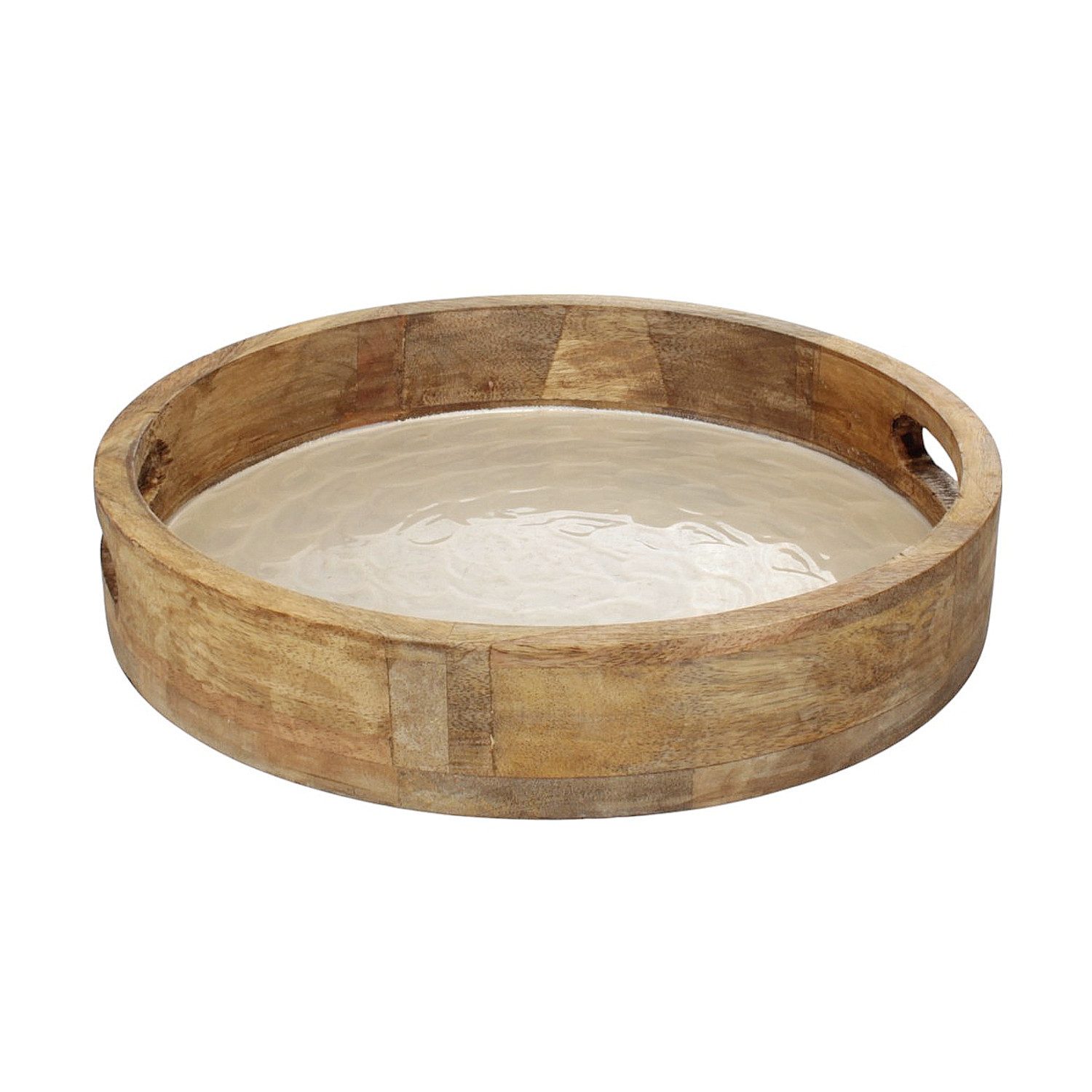 Macosa Home Dekotablett Holztablett Mangoholz Perlmutt Braun Creme 35 cm rund mit Griffen (Wohnaccessoire modern, Servierplatte Obsttablett), Tablett Tischdekoration Kerzenteller