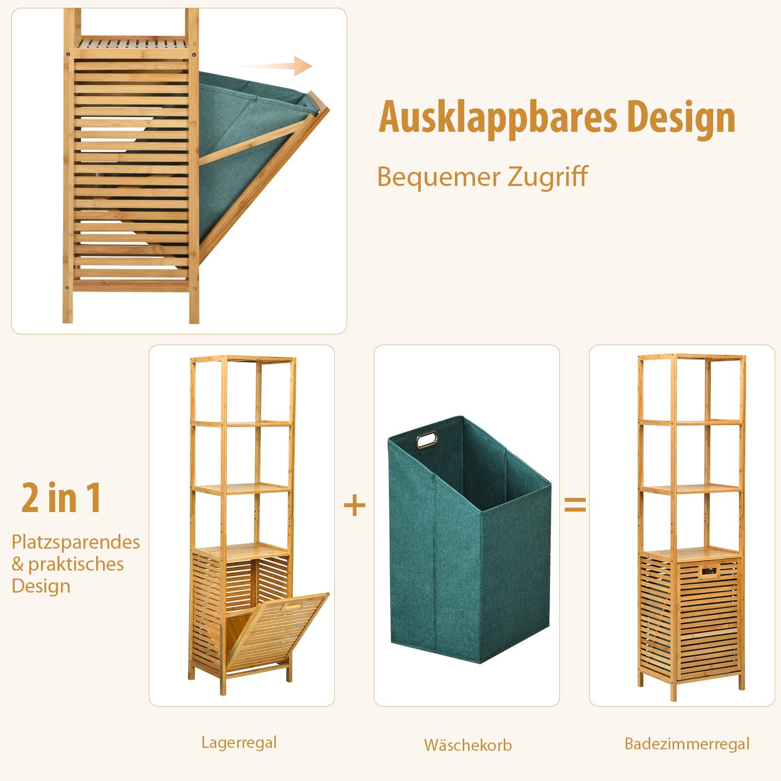 COSTWAY Hochschrank Bad mit Wäschekorb Bambus mit 3 Regalen, 40x33x160cm