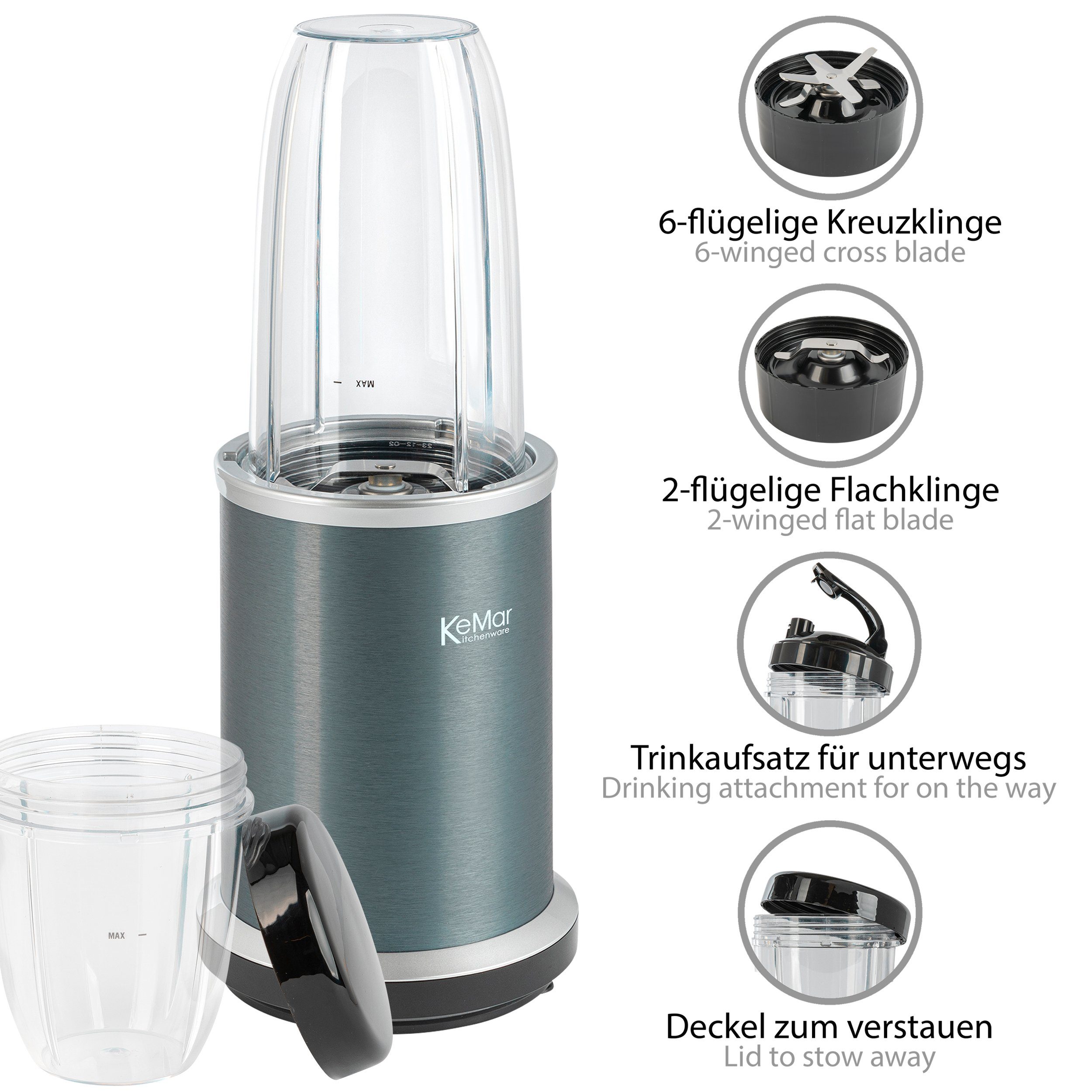 KeMar Kitchenware Standmixer KSB-100G, 1000 W, 2 Becher, 2 Klingen, Deckel + Trinkdeckel, Smoothiemaker, Mixer