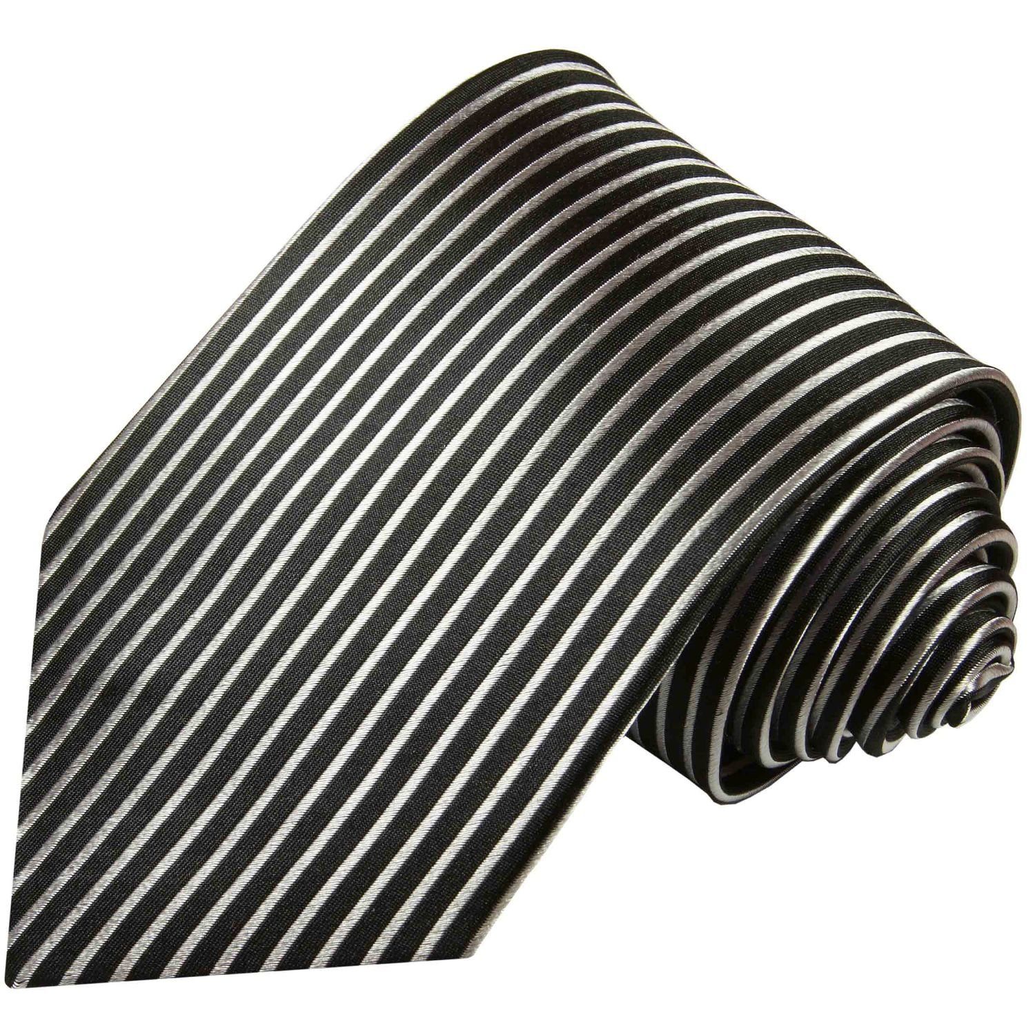 Paul Malone Krawatte Herren Seidenkrawatte 100% 2-St., schwarz Einstecktuch) gestreift (Set, Krawatte modern mit 408 (8cm), längs silber Breit Seide mit Tuch