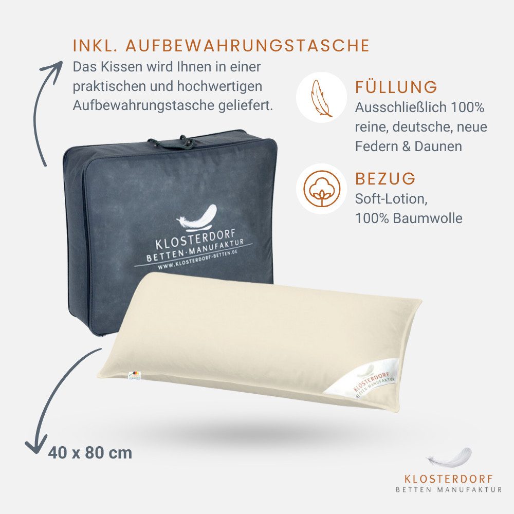 Klosterdorf Betten-Manufaktur 3-Kammer-Kopfkissen Premium Bio Dreikammer Kopfkissen - 40x80 cm - 80x80 cm - nobel -, Füllung: Bio Daunenkissen Daunenkopfkissen, Seitenschläfer, Rückenschläfer, Für erholsamen und gesunden Schlaf, liebevolle Handarbeit aus unserem deutschen Familienbetrieb