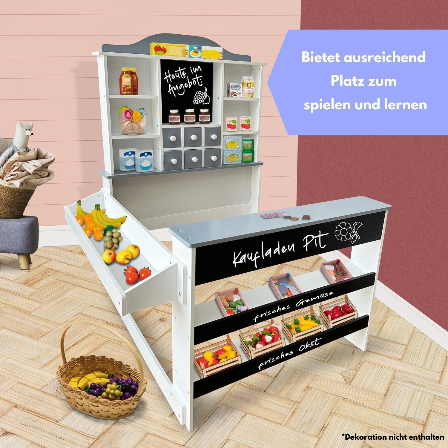 Coemo Kaufladen PIT, Grau Verkaufsstand Kaufmannsladen Holz + Kreidestift Tafel Schubladen