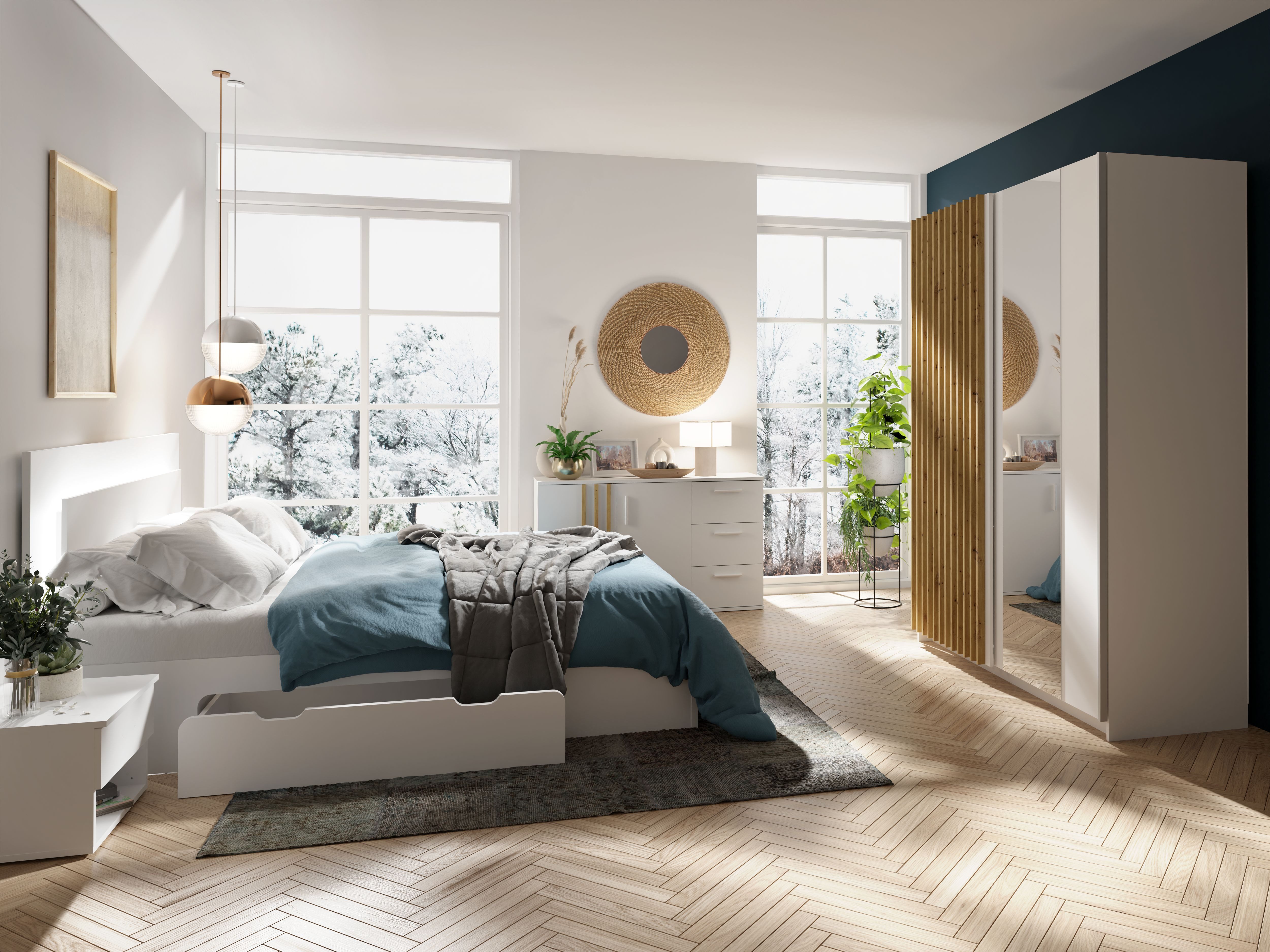 Möbel für Dich Schlafzimmer-Set Komplettschlafzimmer Lamello 4-teilig Weiß/Eiche- Artisan
