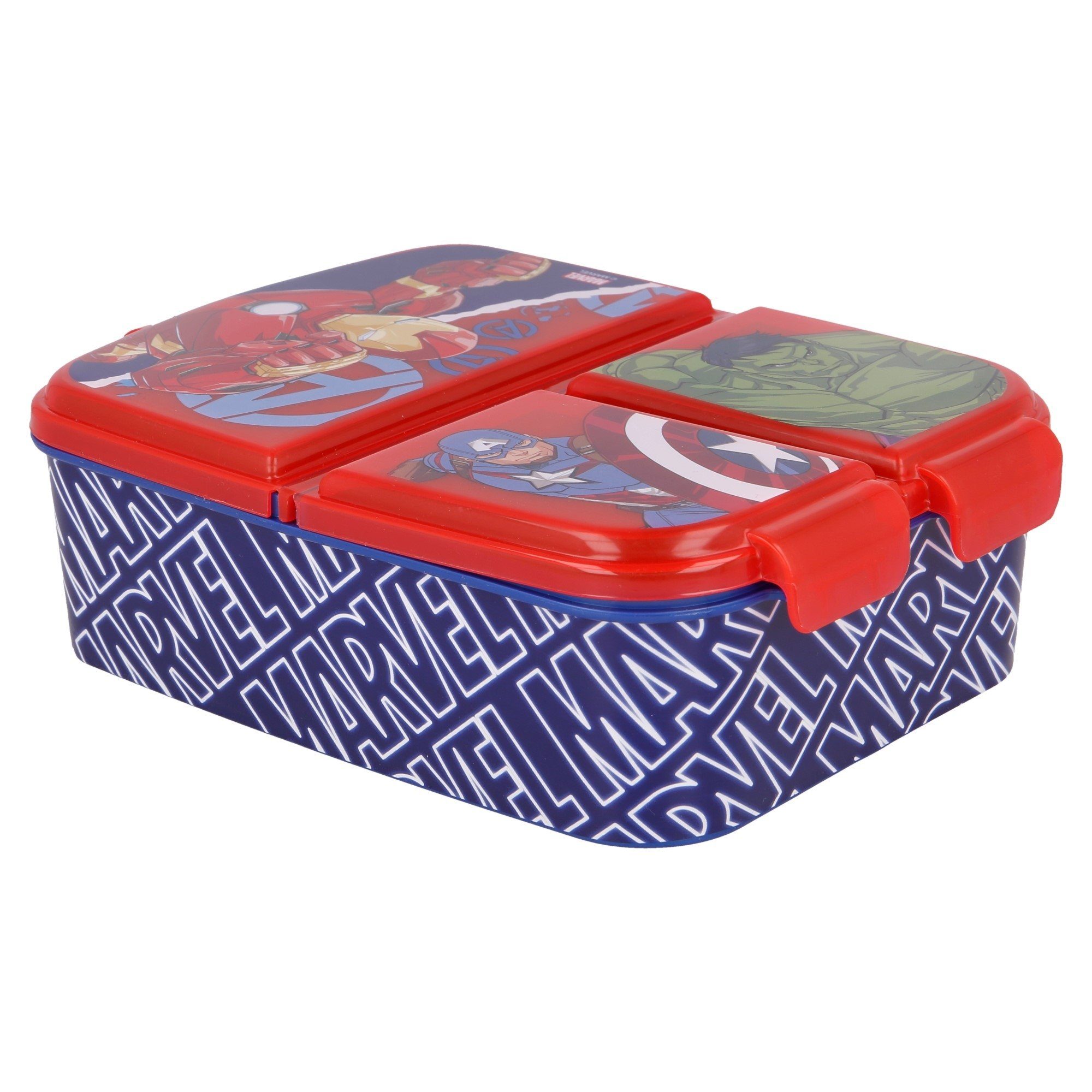 MARVEL Lunchbox Marvel Avengers Kinder Lunch Set 4tlg, (4-tlg), 3 Kammern Brotdose Alu-Trinkflasche Besteck
