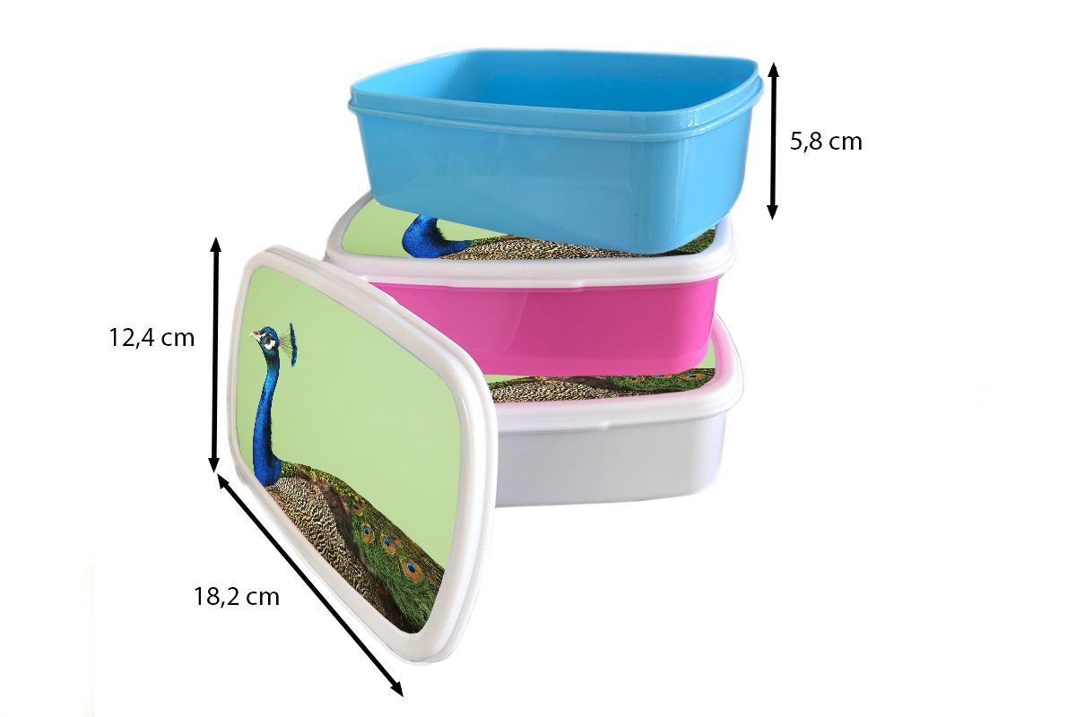 MuchoWow Lunchbox Pfau für Kinder und Mädchen Jungs Tiere Brotbox - für weiß - Brotdose, und Grün, Erwachsene, (2-tlg), Kunststoff