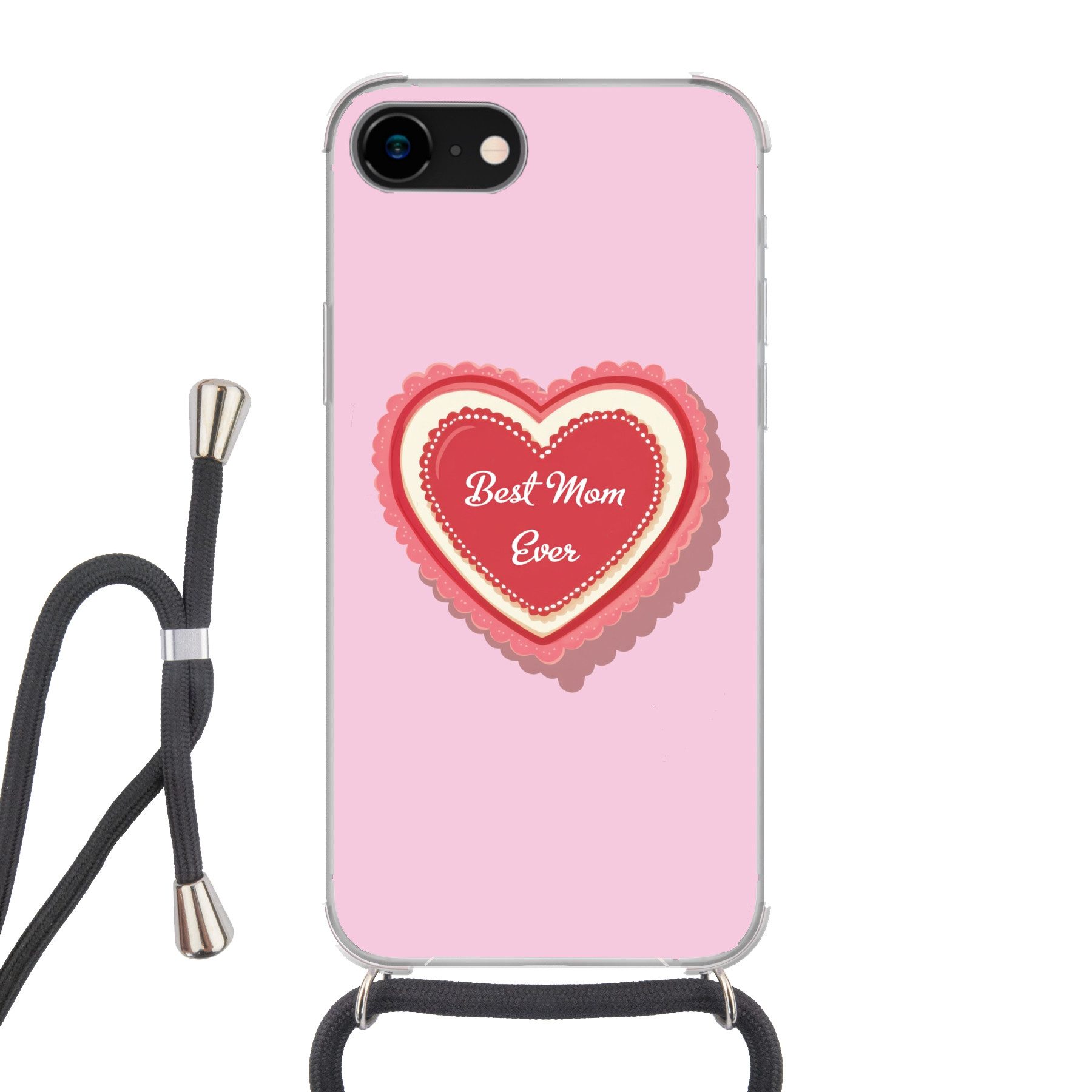 MuchoWow Handyhülle für Apple iPhone 8 Text - Herz - Mutter - Rosa, Tragbare Handyhüllen mit Kette zum umhängen, Handykette Handyband