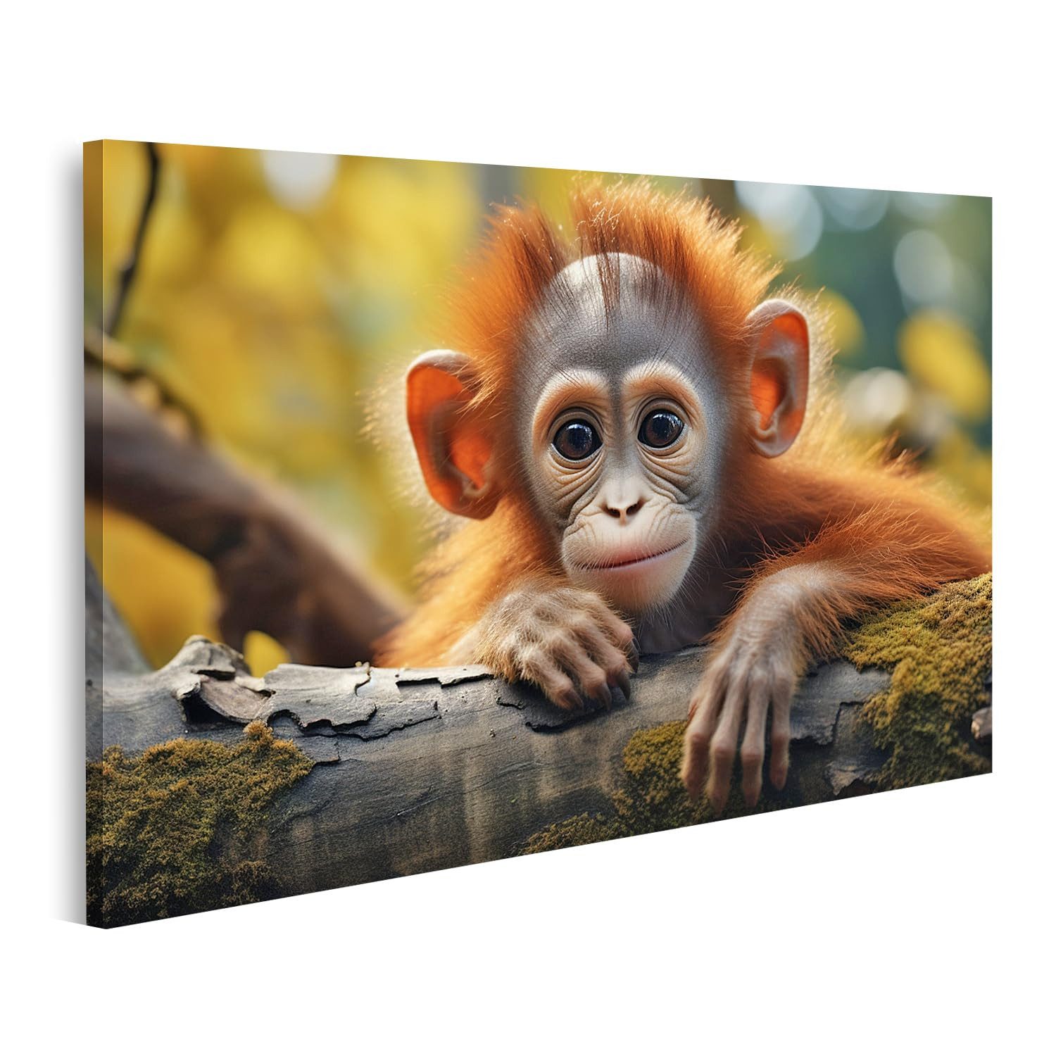 islandburner Leinwandbild Niedlicher Baby Orang Utan auf einem Baum im Sonnenschein