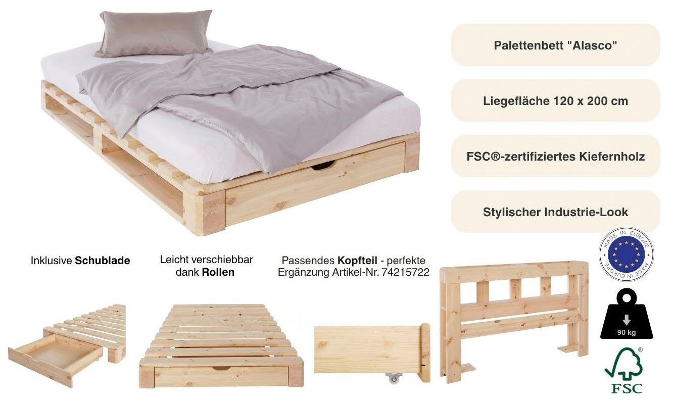 OTTO home Palettenbett "ALASCO " Mit Schublade, zertifiziertes Massivholz, erweiterbar zum Doppel- oder Familienbett