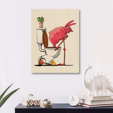 Posterlounge Holzbild Wyatt9, Flamingo versenkt den Kopf, Badezimmer Illustration