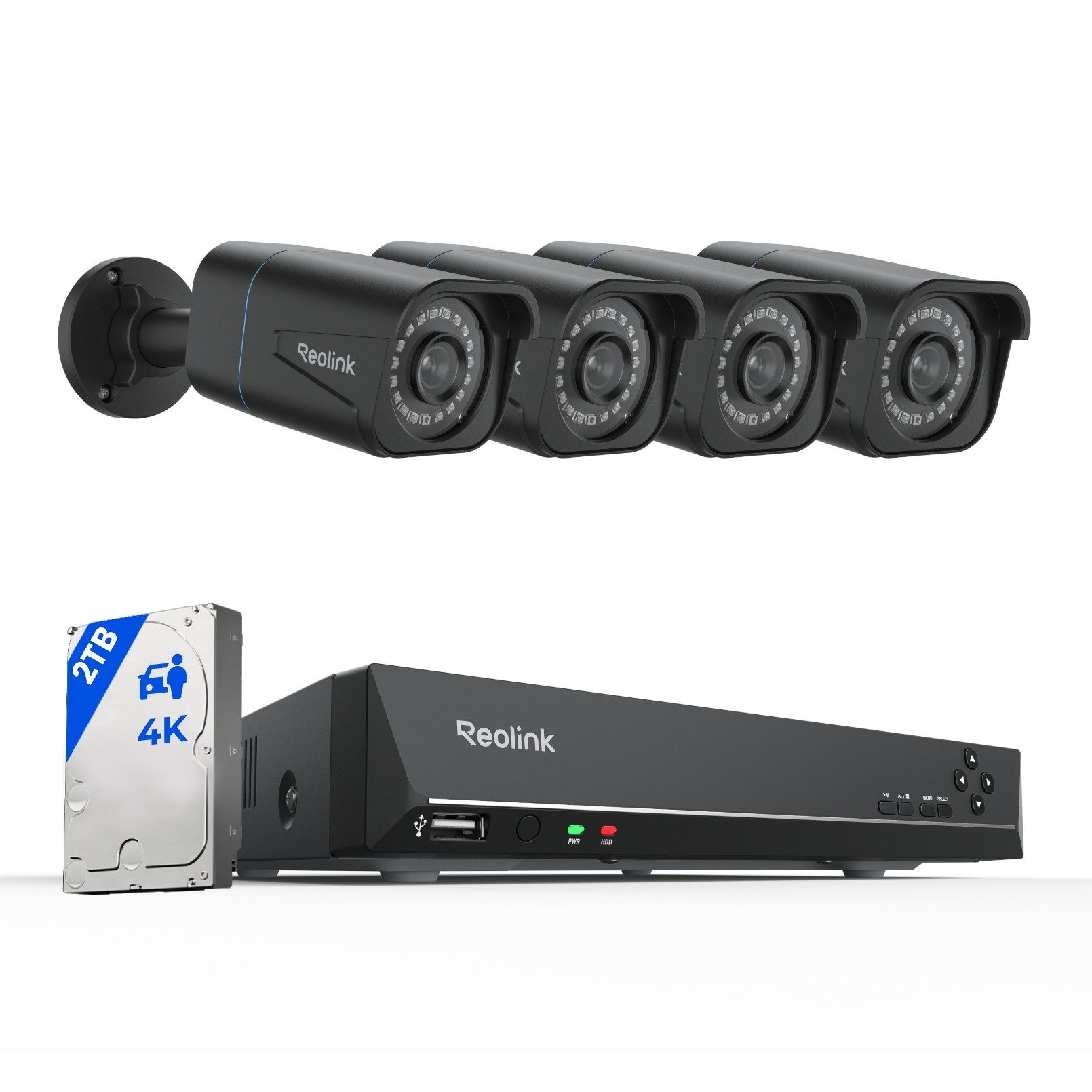 Reolink Überwachungskamera 4K PoE Überwachungskamera Set RLK8-810B4-A (AuBenbereich, Innenbereich, 8CH 2TB HDD NVR,4X PoE IP Kamera, Personen-/Fahrzeug-/Tiererkennung)