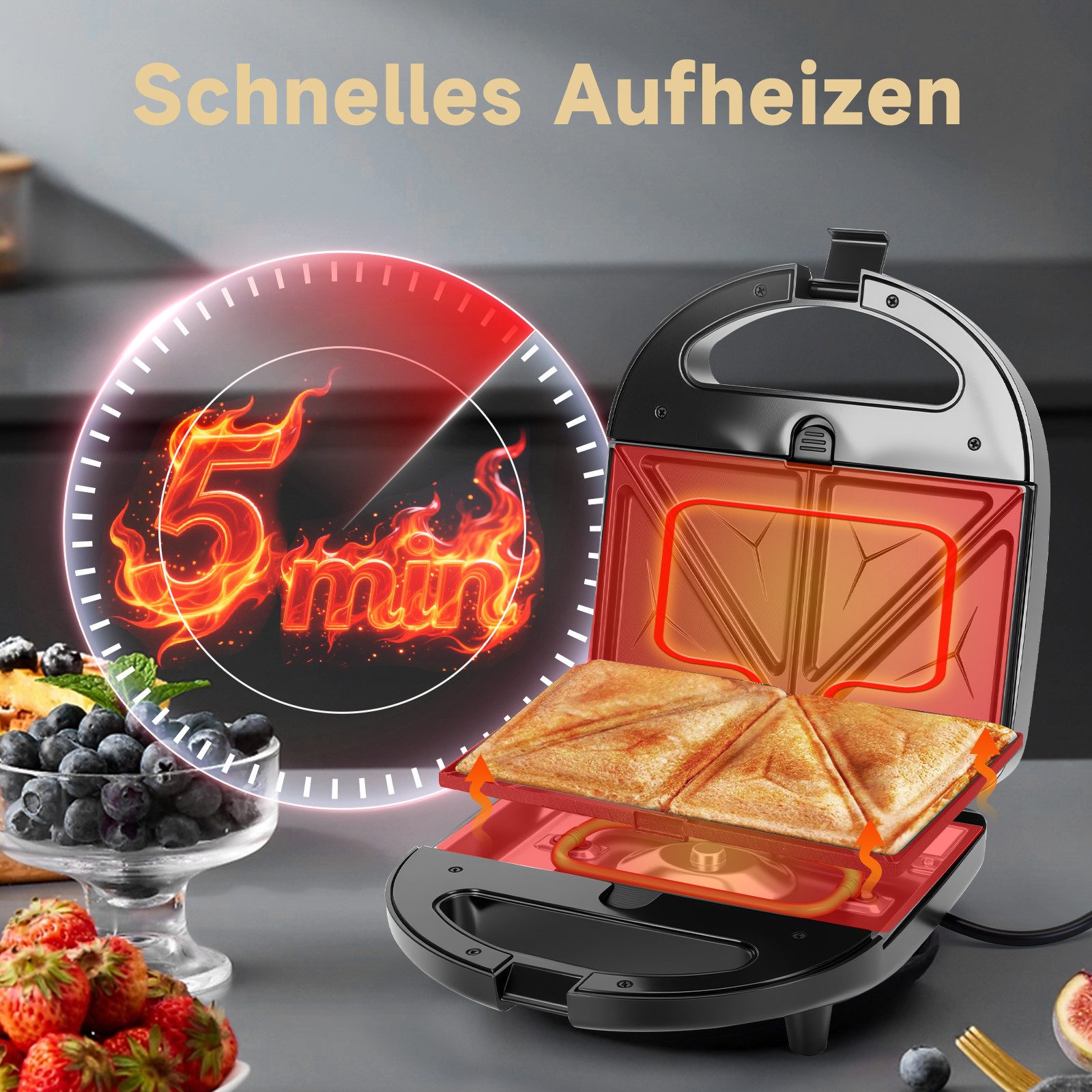 Aigostar 3-in-1-Kombi-Waffeleisen 750 W Sandwichmaker, 3 Austauschbare Platten, Beidseitiges Grillen, 750,00 W, Antihaftbeschichtet, Automatisches Thermostat, Wärmeisolierender Griff