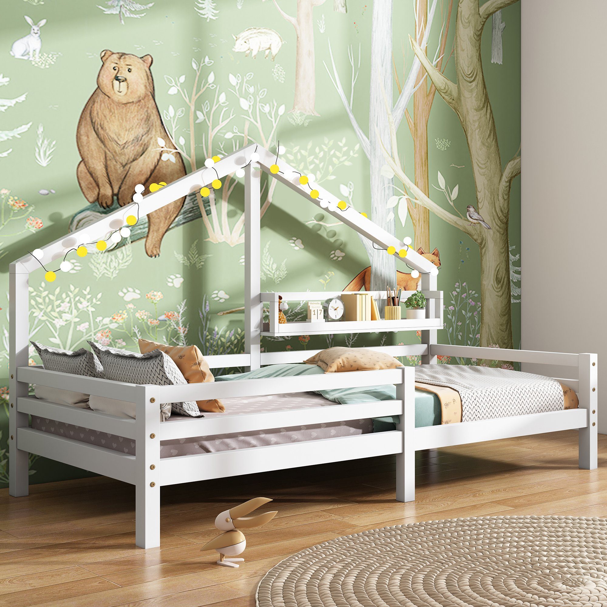 schön und einzigartig Flieks Kinderbett, Massivholz Hausbett mit Ablageregal Einzelbett 90x200cm